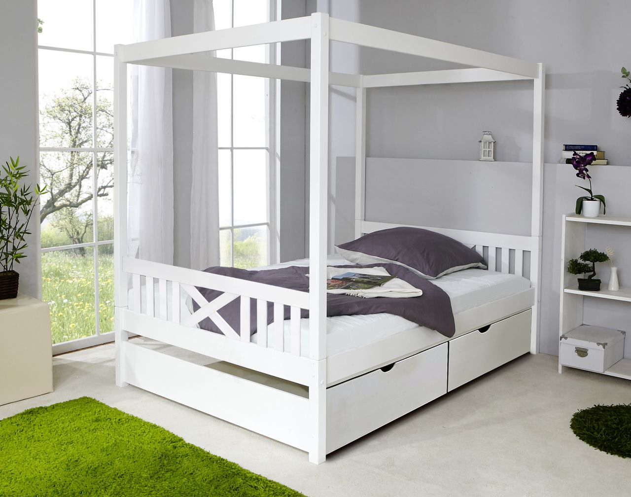 Ticaa Himmelbett Lino 140er weiß Var 3 - mit 2er Schubkästen -