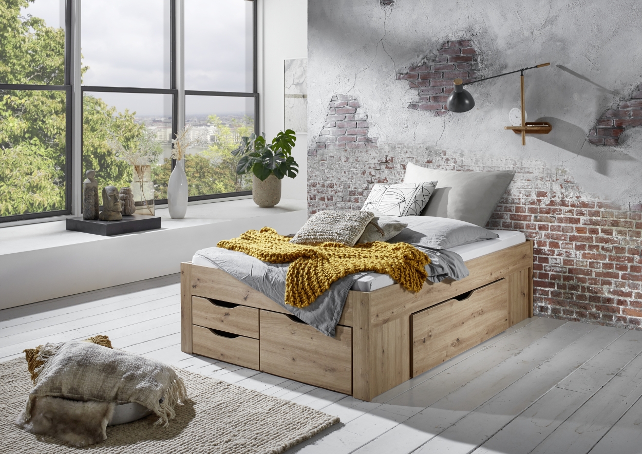 Relita Stauraumbett Noah 140 x 200 cm, mit Rolllattenrost, 5 Bettschubladen und Federkernmatratze, Ausf. Eiche Artisan Dekor