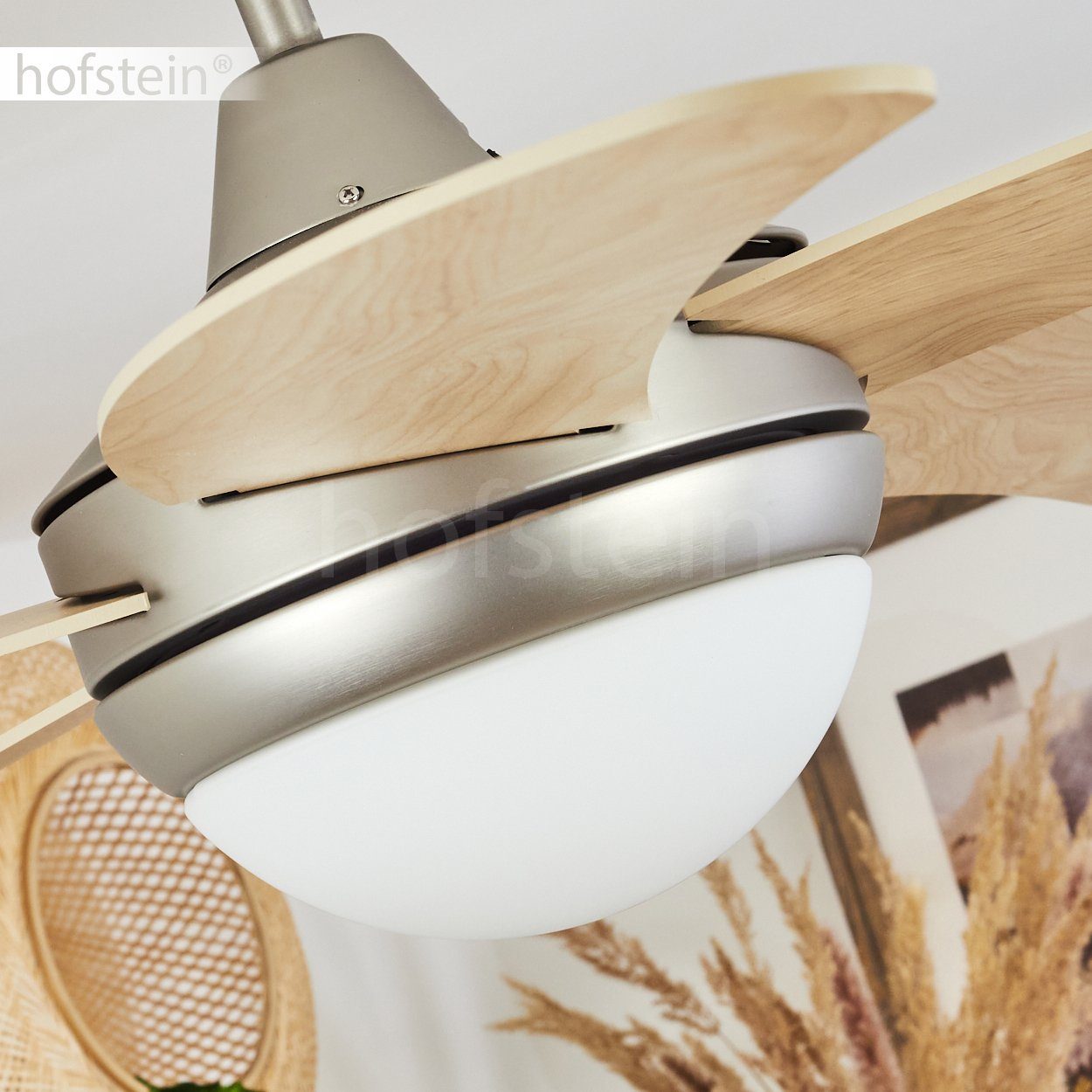 hofstein Deckenventilator Quarto Ventilator aus Metall/Holz/Glas in Nickel-matt/Natur/Weiß