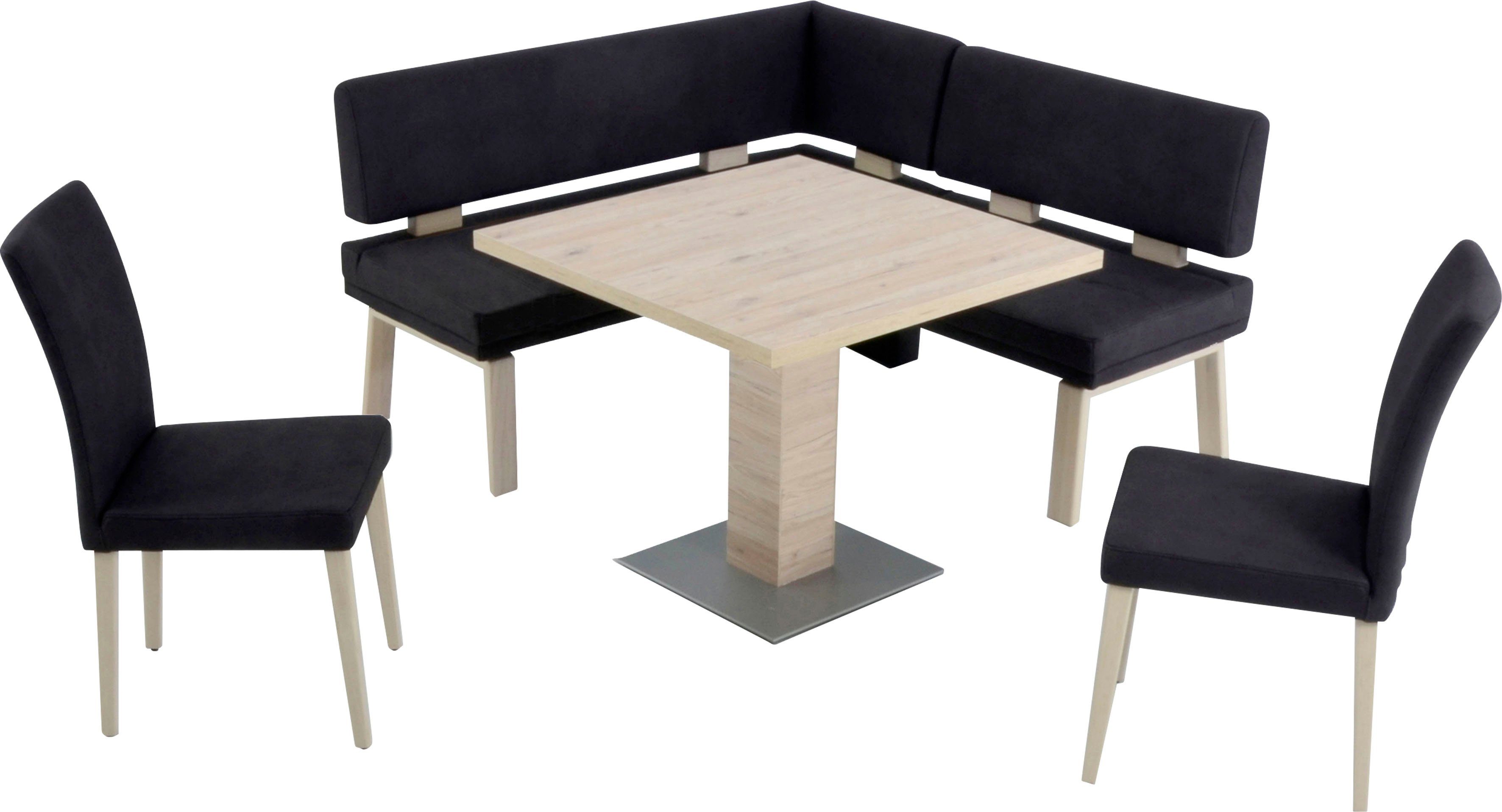 K+W Komfort & Wohnen Eckbankgruppe Santos I, gleichschenklig 157cm, zwei 4-Fußholzstühle und Tisch 90x90cm, Eiche
