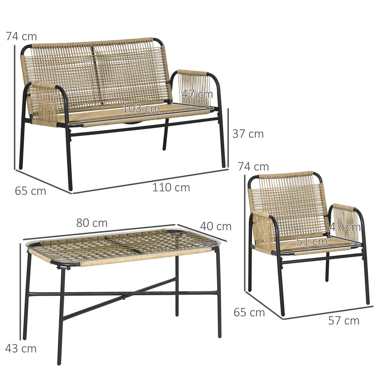 Outsunny Polyrattan Gartenmöbel-Set, Sitzgruppe mit Zwisitzer Sesseln Couchtisch