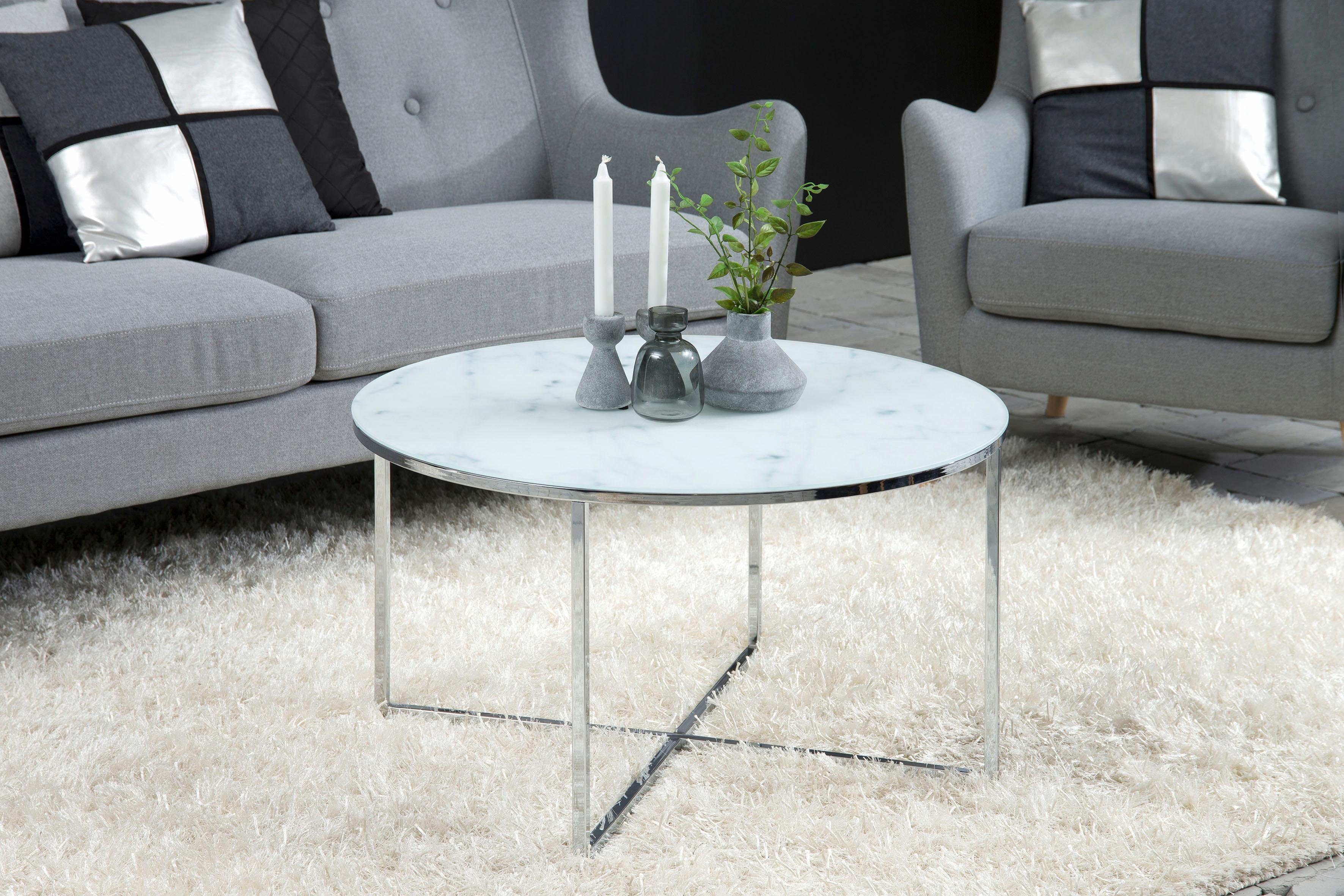 ACTONA GROUP Couchtisch Alina, mit Marmorprint auf der matten Glasplatte und einem Metallgestell