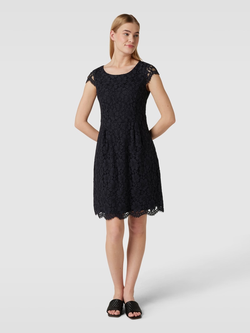 Knielanges Kleid mit floralen Stickereien in marineblau