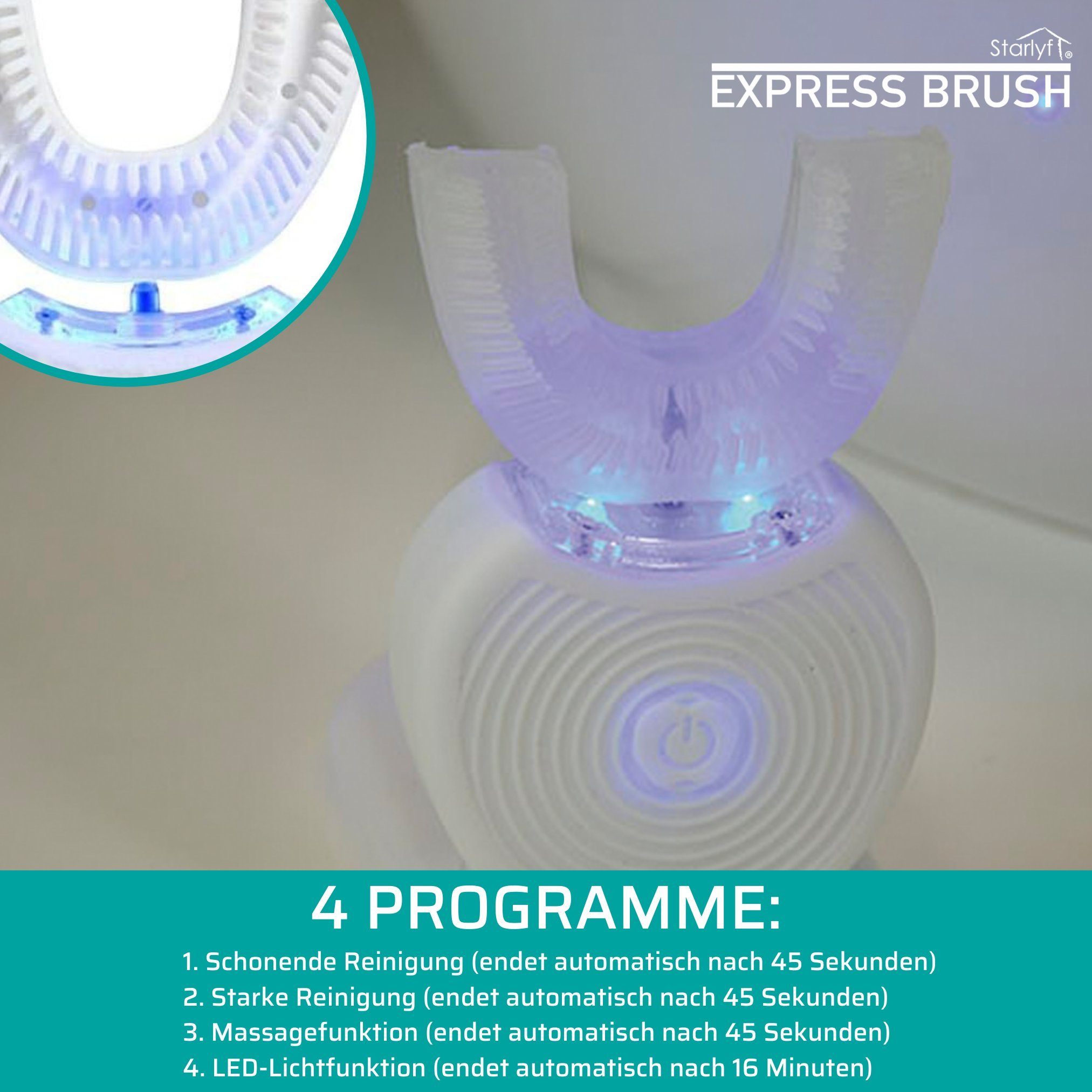 Starlyf Schallzahnbürste Express Brush automatische Sonic U Zahnbürste, Aufsteckbürsten: 1 St., Reinigen in nur 45 Sekunden, 360°-Reinigung, wiederaufladbar