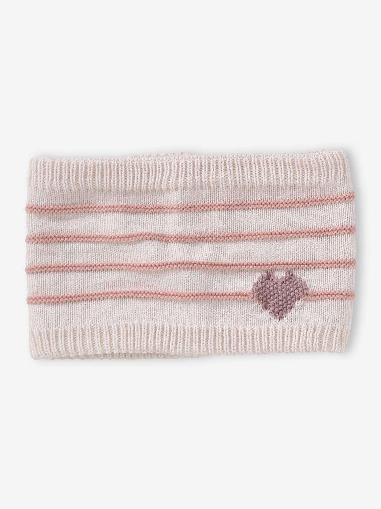 Ensemble bonnet + snood + moufles/mitaines rayures/coeur fille écru