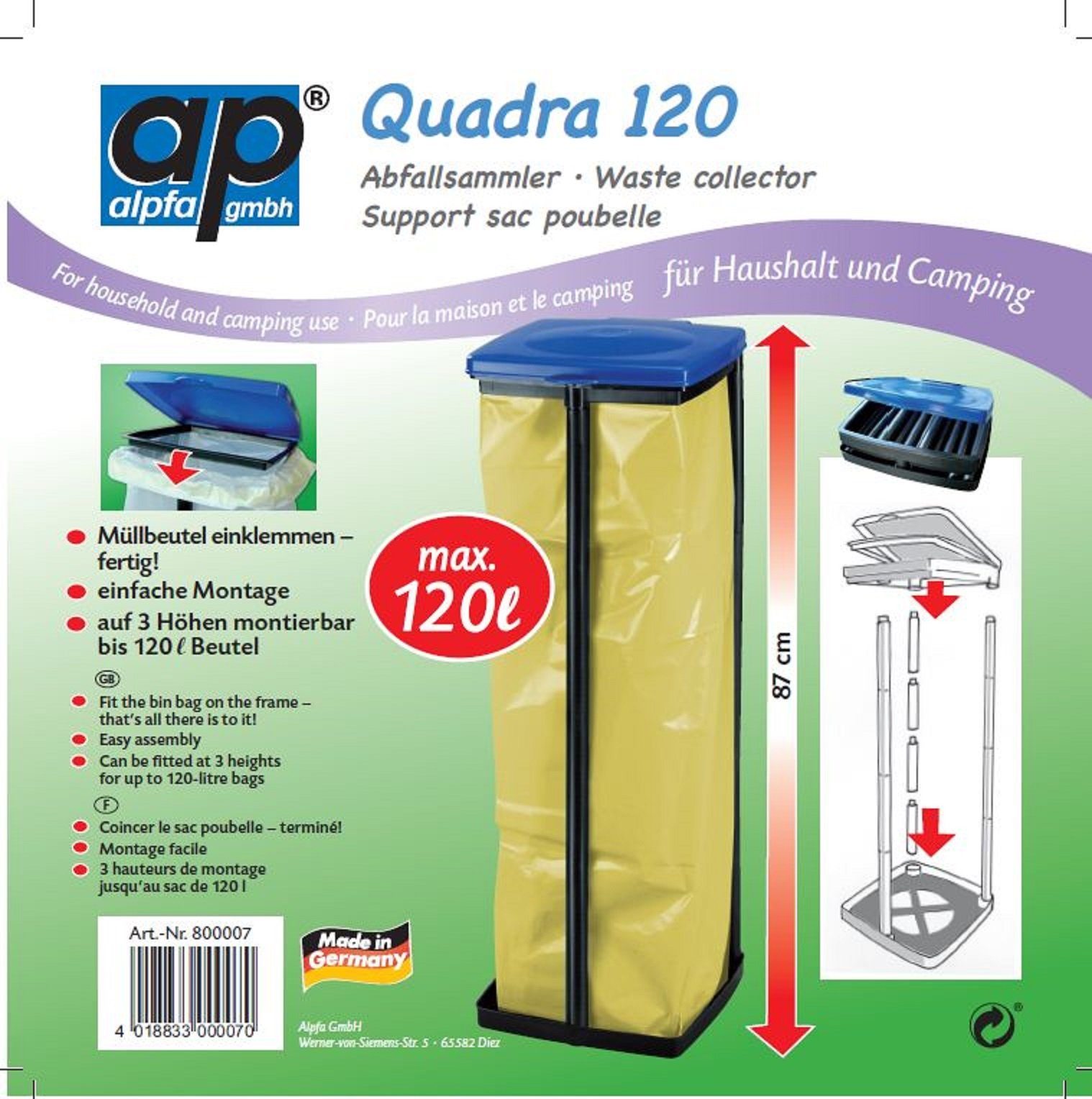 ALPFA Müllsackständer Quadra 120 Liter Müllbeutelständer Müllbeutelhalter, mit Klemmring