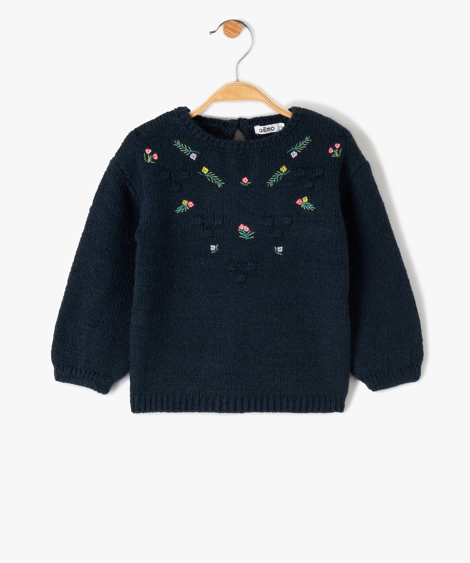Pull bébé fille en grosse maille à broderies fleurs bleu fonce | GEMO