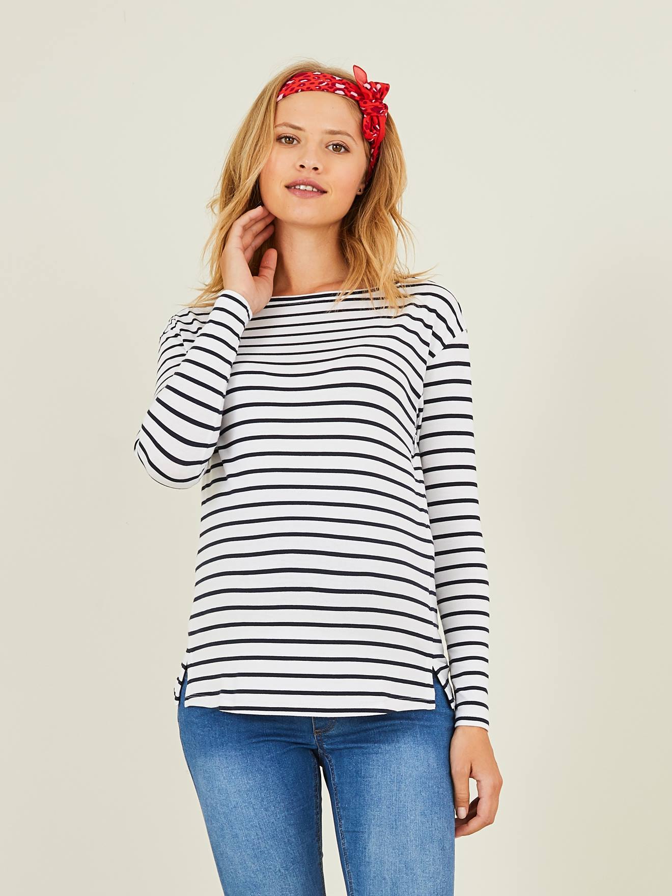 T-shirt marinière de grossesse et d'allaitement blanc rayé rouge