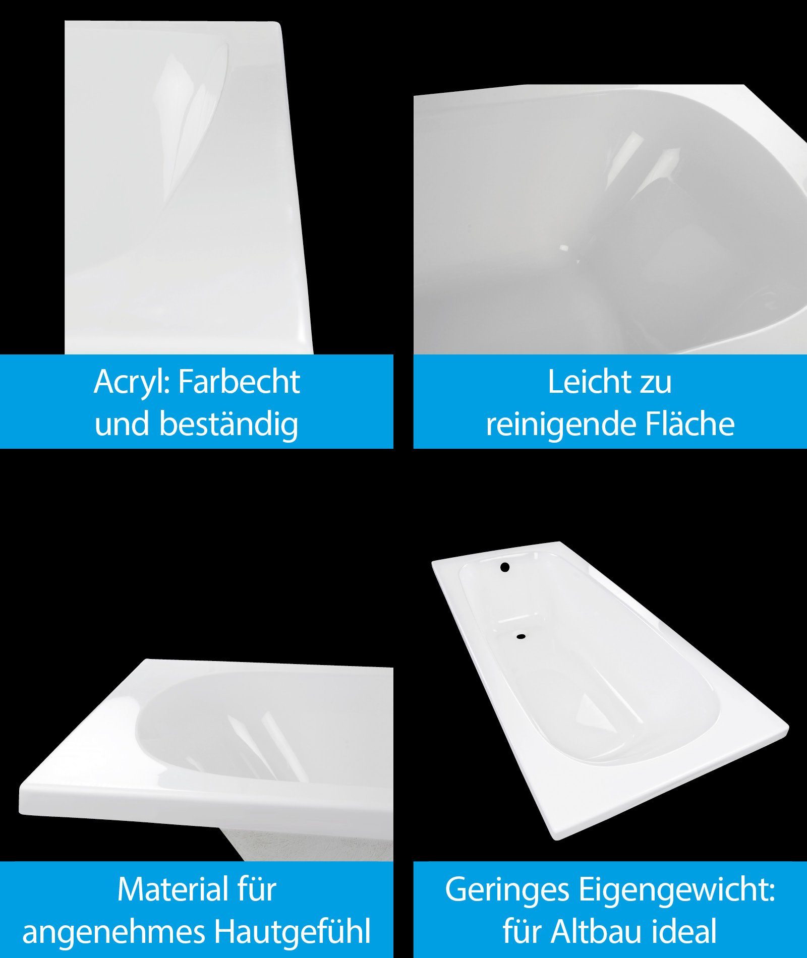 aquaSu Badewanne meLeo, (1-tlg), Weiß, 180 x 80 cm, Acryl, Rechteckbadewanne, 827126