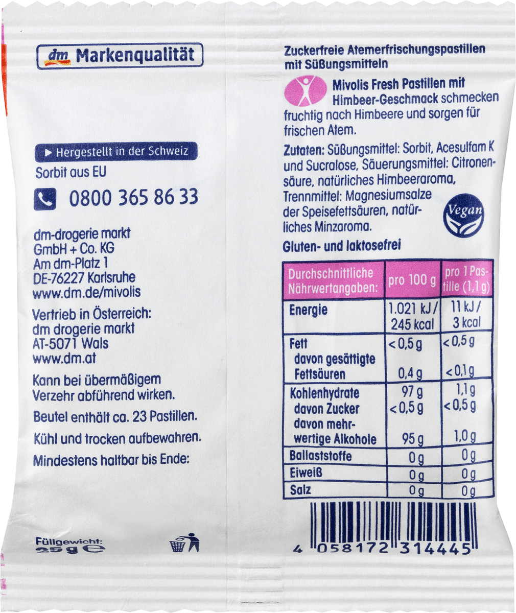 Pastillen, Himbeere, zuckerfrei, 25 g
