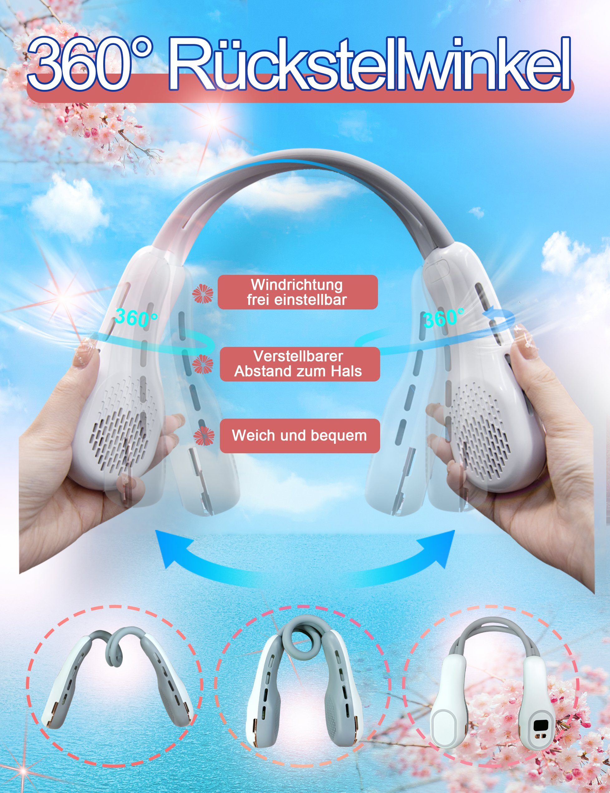 KUGI Mini USB-Ventilator Halsventilator flügelloser Pylon Typ-C wiederaufladbar 4800mAh, tragbares farbiges Licht, wickelt keine Haare Kühlung Gegenmaßnahmen