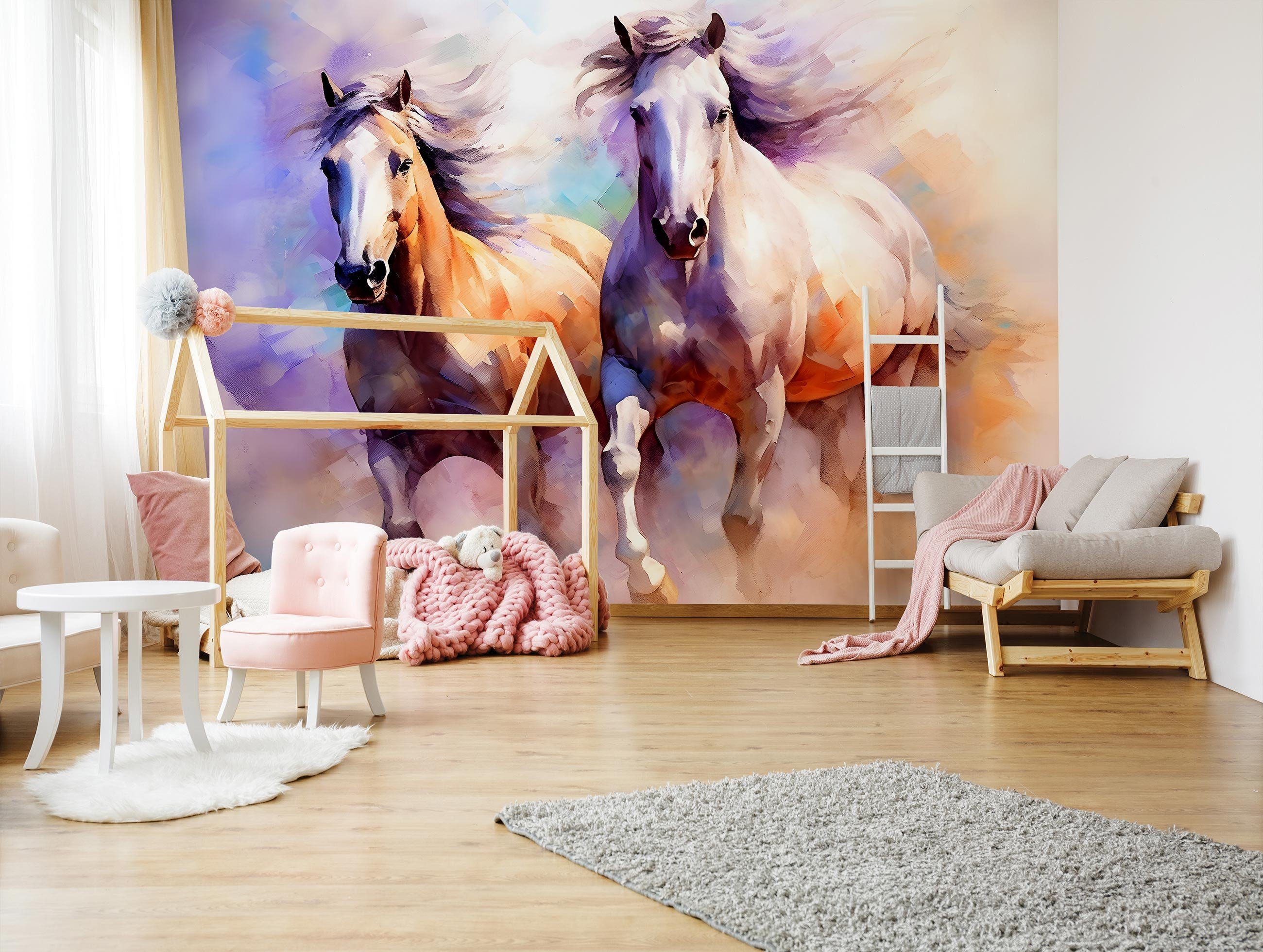 Wallarena Fototapete Pferde Aquarell Vlies Tapete Wohnzimmer Schlafzimmer Kinderzimmer, Glatt Vlies Struktur Vinyl, Tiere, Tapete inklusive Kleister Vliestapete Motivtapete