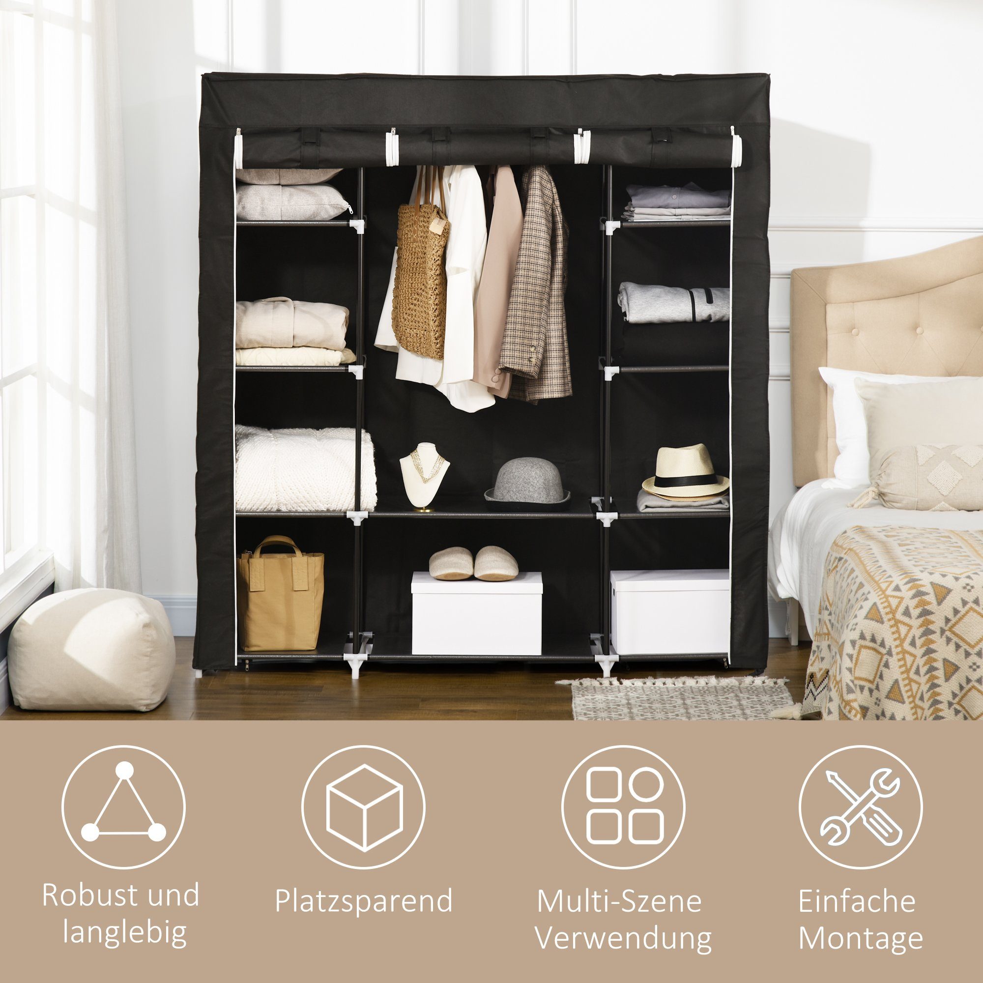 HOMCOM Stoffschrank Faltschrank, 1 Kleiderstange, 9 Regale (Set, 1-St., 1 Stoffschrank) Breite 150 cm