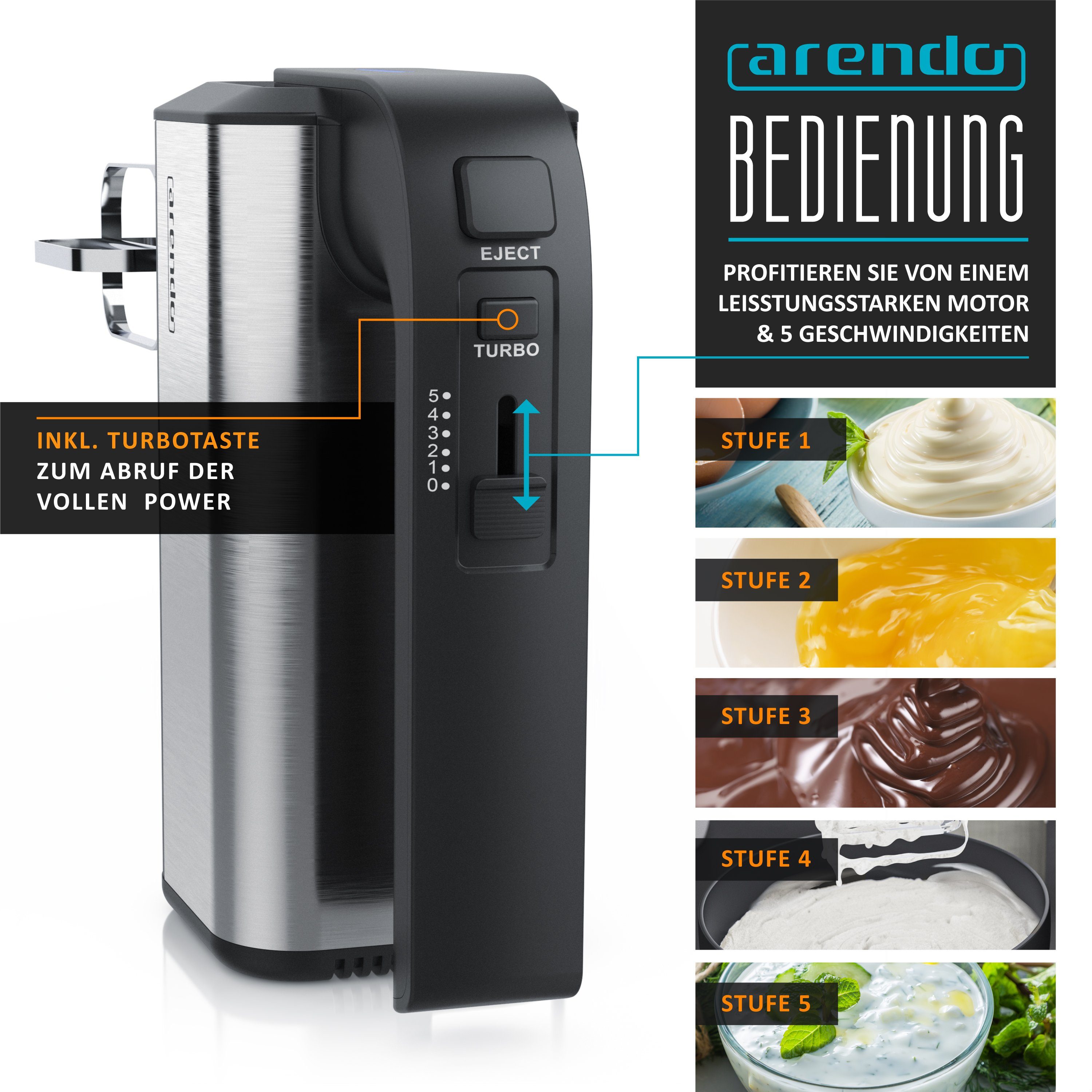 Arendo Handmixer, 350 W, Handrührgerät, 5 Geschwindigkeiten, inkl. 2 Rührbesen & 2 Knethaken