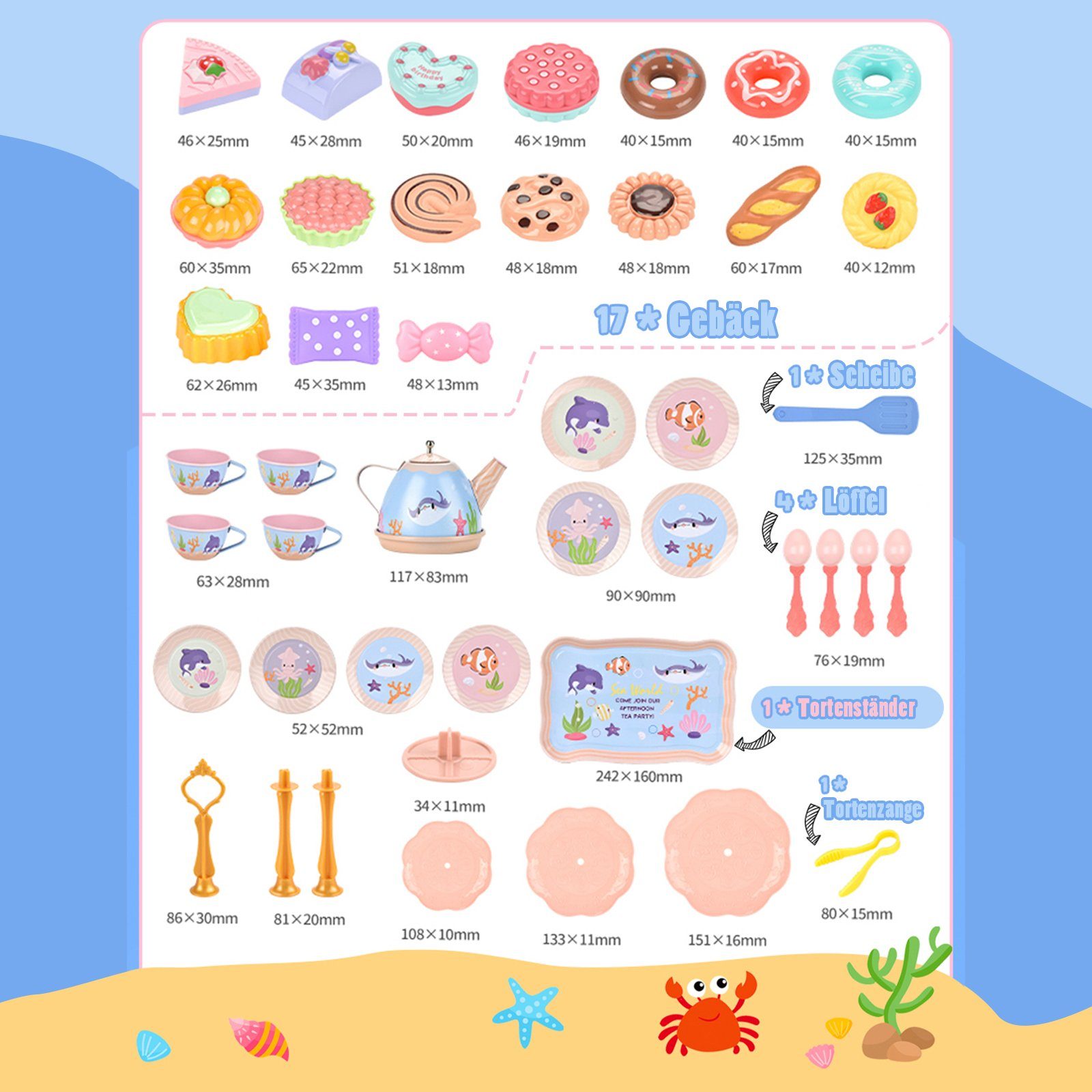 LBLA Lernspielzeug 45-teiliges Teeservice Kinder Metall mit Spielzeug Tragekoffer Dessert, Teeservice Kinderküche Rollenspiel für Kinder, Weihnachtsgeschenk