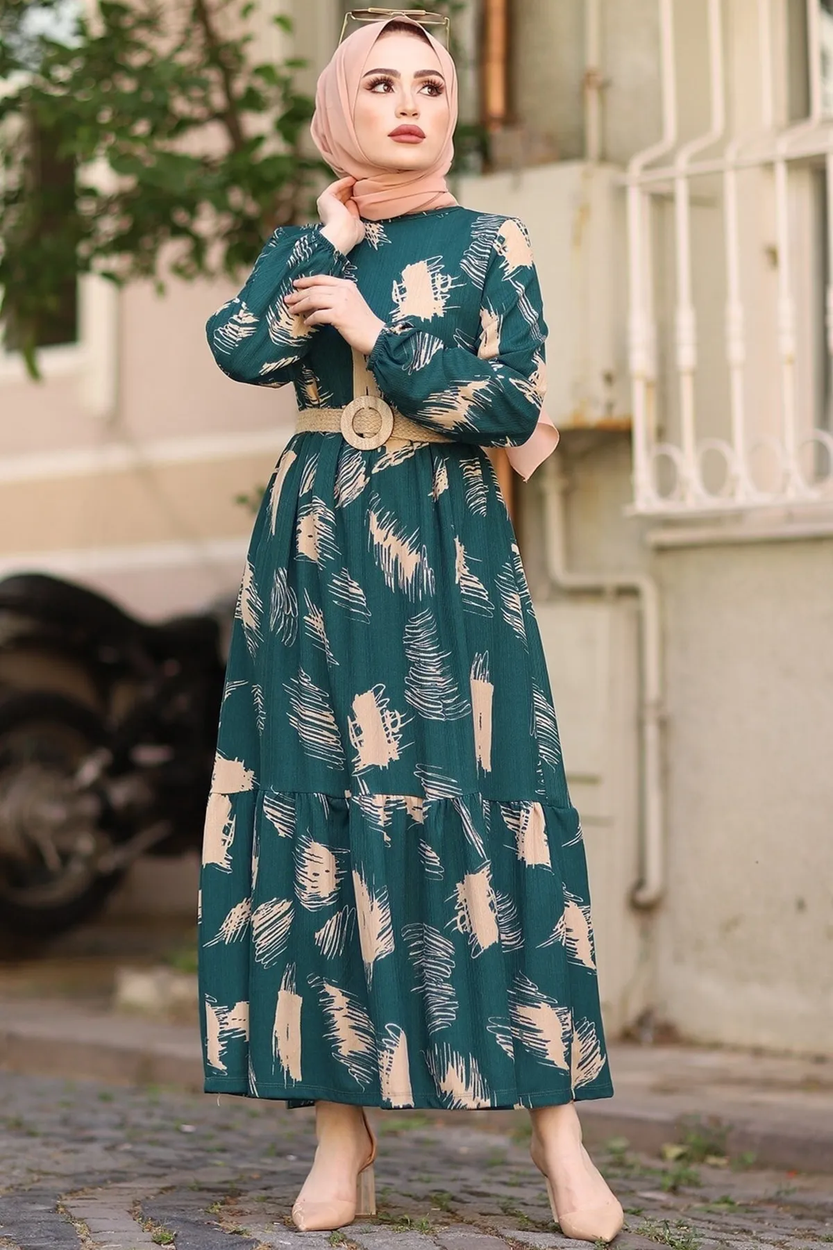 InStyle  Hijab-Kleid mit Pinselmuster und Gürtel – Petrolgrün