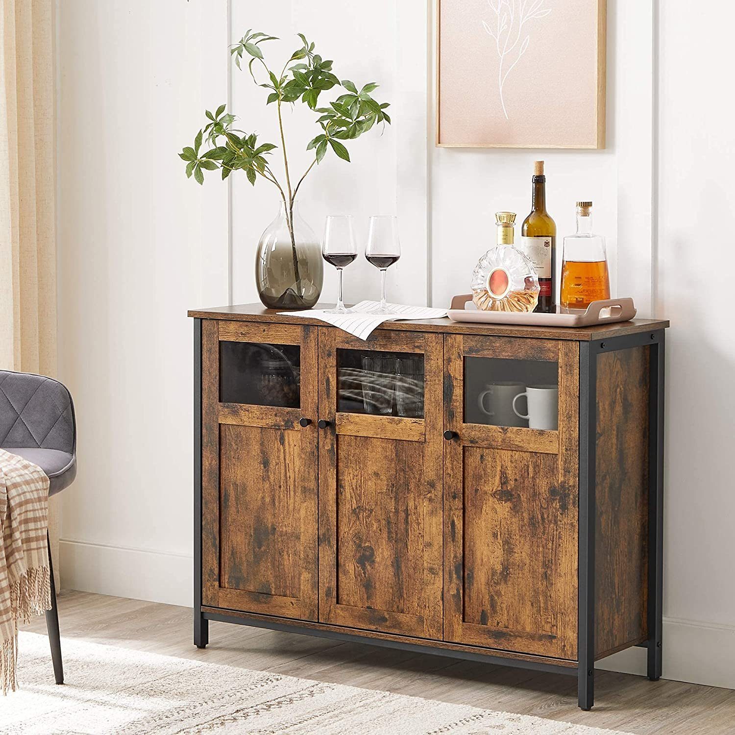 VASAGLE Sideboard, 100 x 35 x 75 cm, verstellbaren Ablage, mit Glastüren