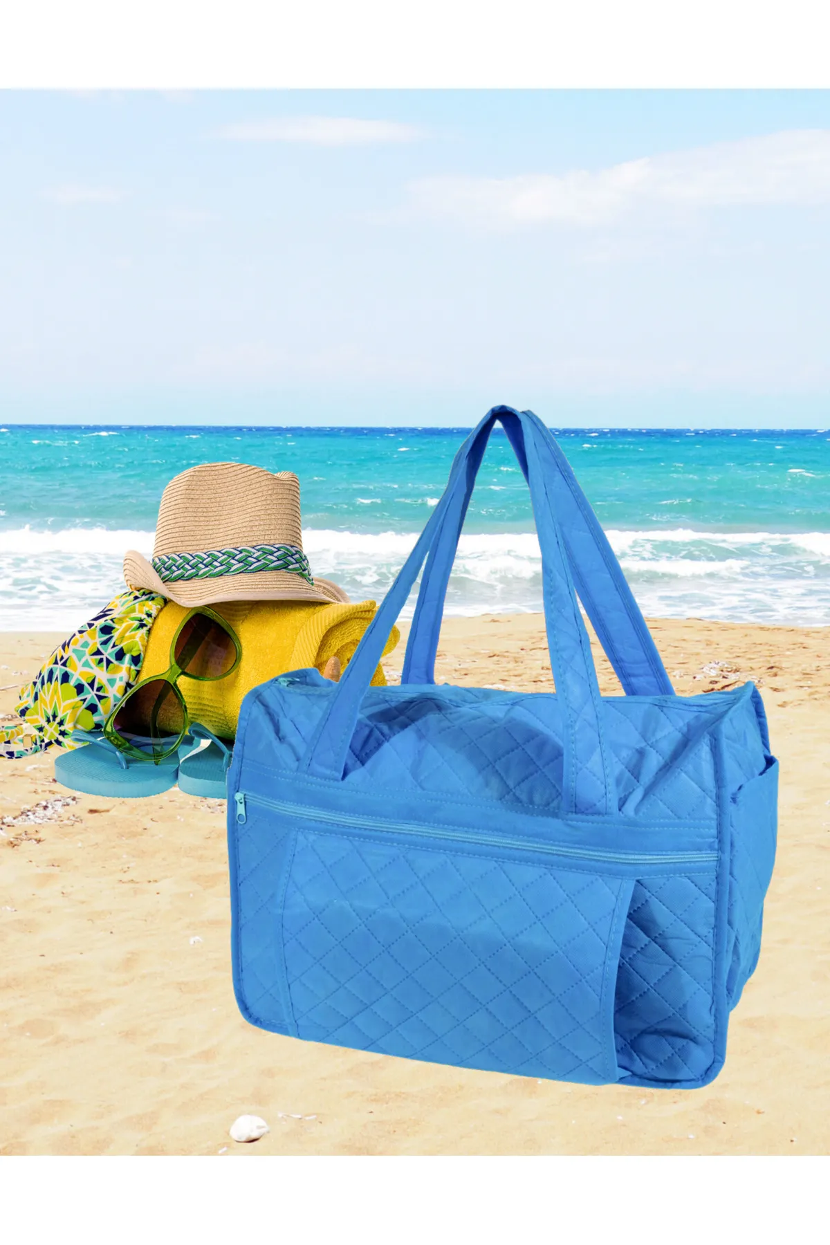 Seryat  Ser&yat Blaue Strandtasche Einlage 2 Taschen 2 Fächer Gesteppt