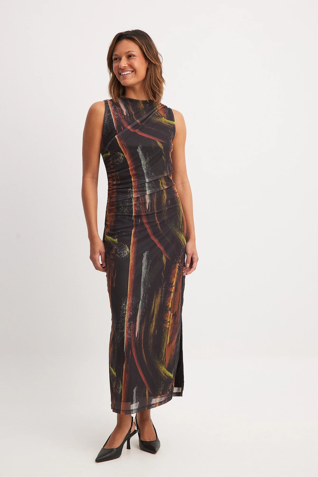 Drapiertes Mesh-Midikleid
