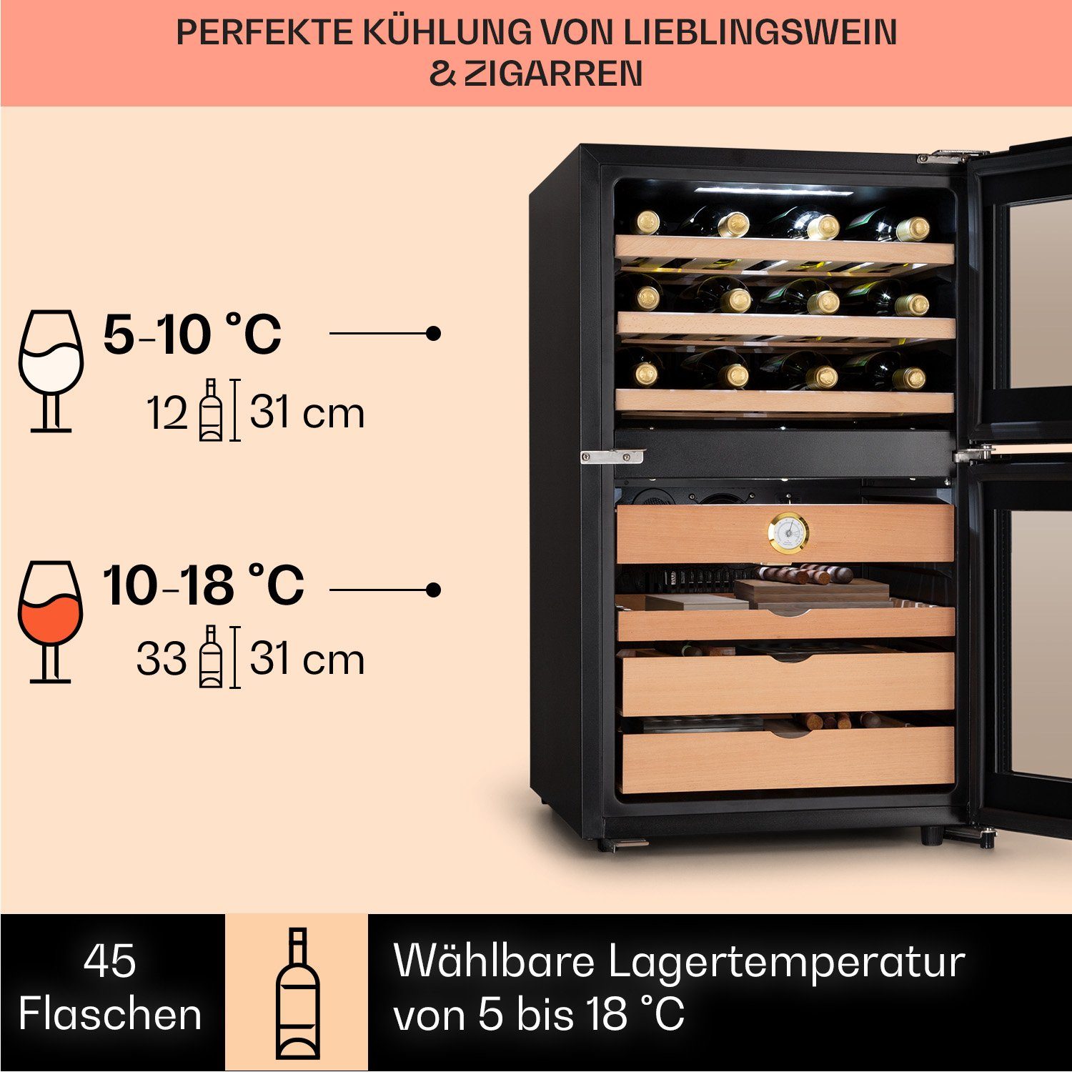 Klarstein Weinkühlschrank El Dorado 108, für 45 Standardflaschen á 0,75l
