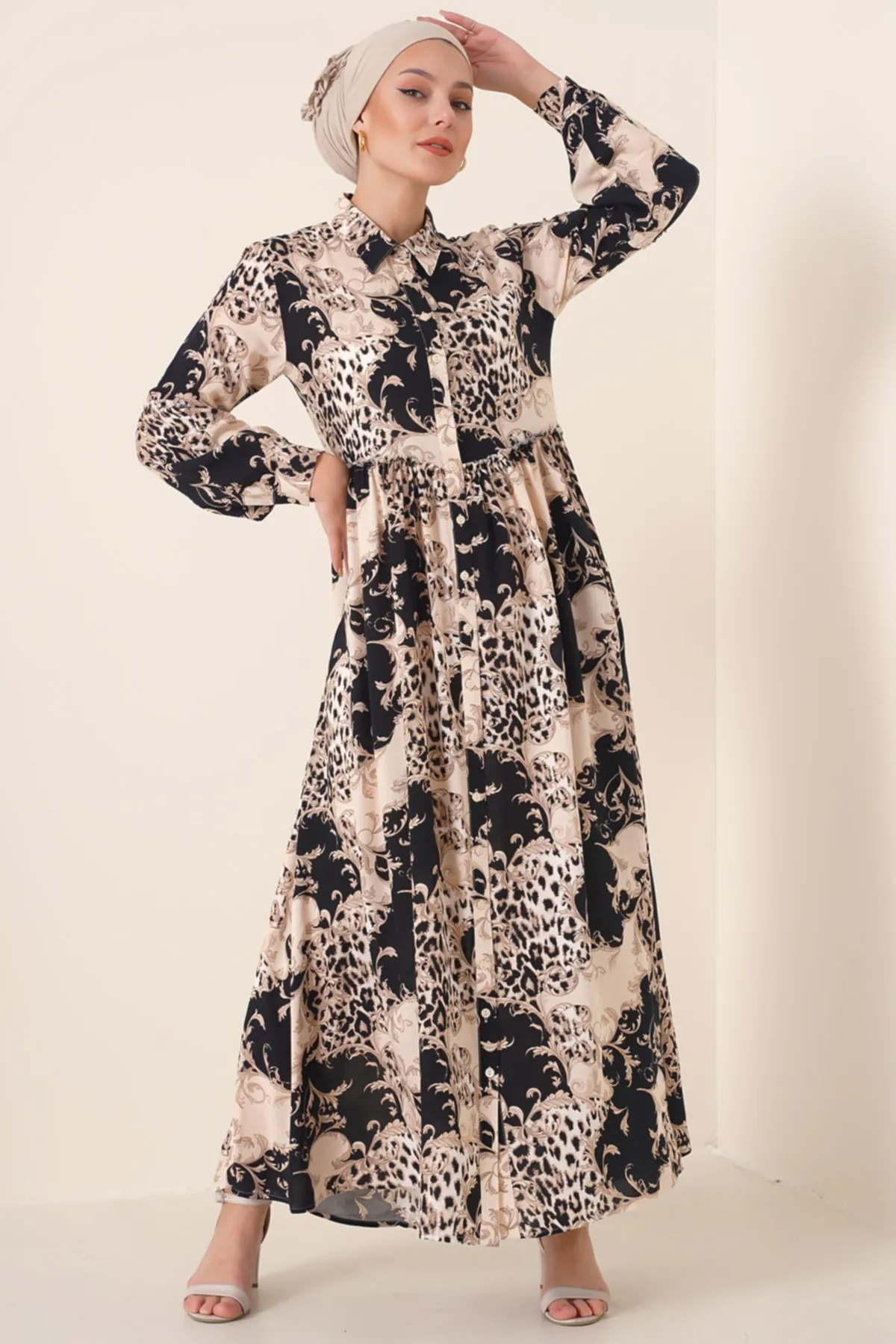 Bigdart  Schwarzes Kleid mit Hijab-Muster und Hemdkragen für Damen