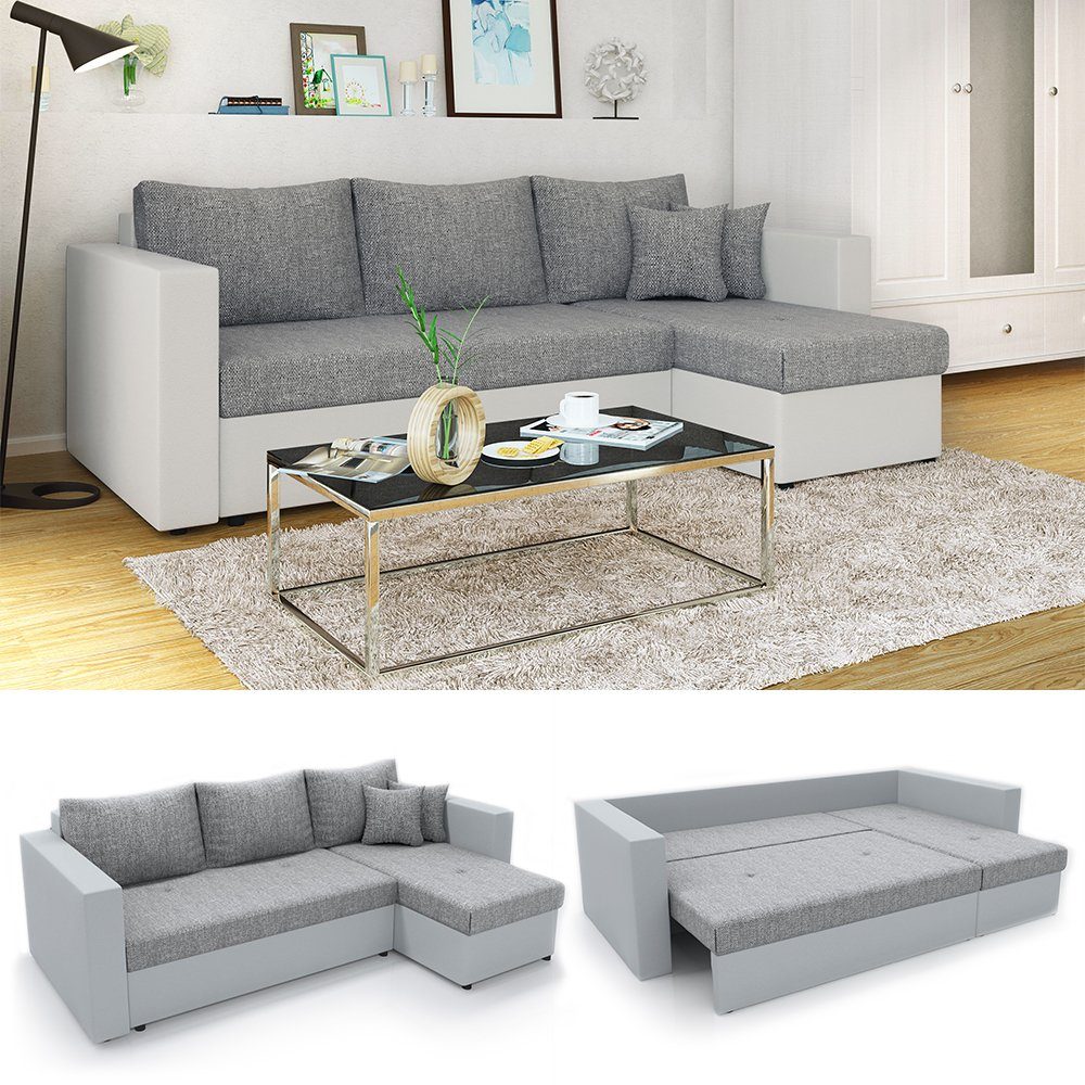 Vicco Ecksofa Sofa Couch Schlafsofa mit Schlaffunktion Weiß/Grau, mit Bettfunktion