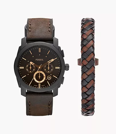 Fossil Box-Set Uhr Chronograph Machine Leder dunkelbraun Armband