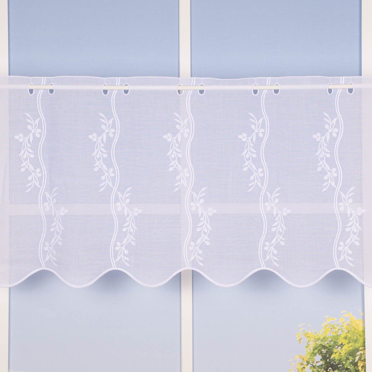 Meterware Scheibengardine Meterware Leinenstruktur Voile Stickerei Blumenranke n, SCHÖNER LEBEN., leicht perforiert, Polyester