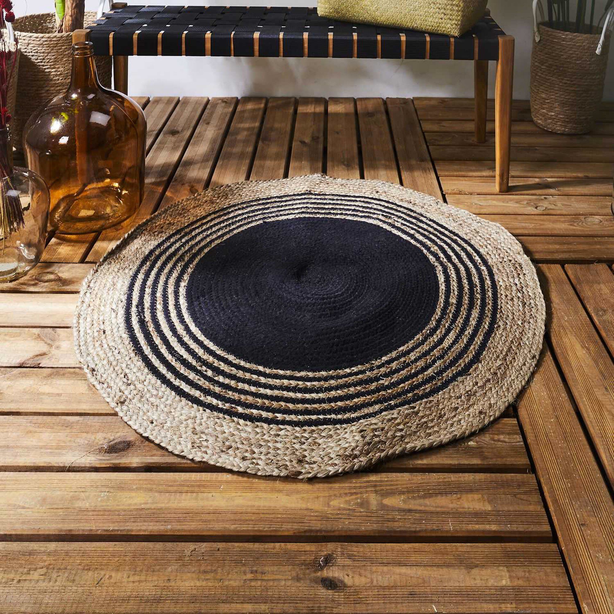 Tapis bicolore jute naturel et coton noir
