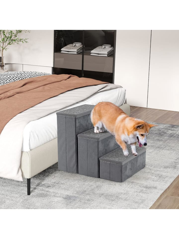 COSTWAY Hundetreppe 3 Stufen Faltbar mit Stauraum in Grau günstig kaufen onesize