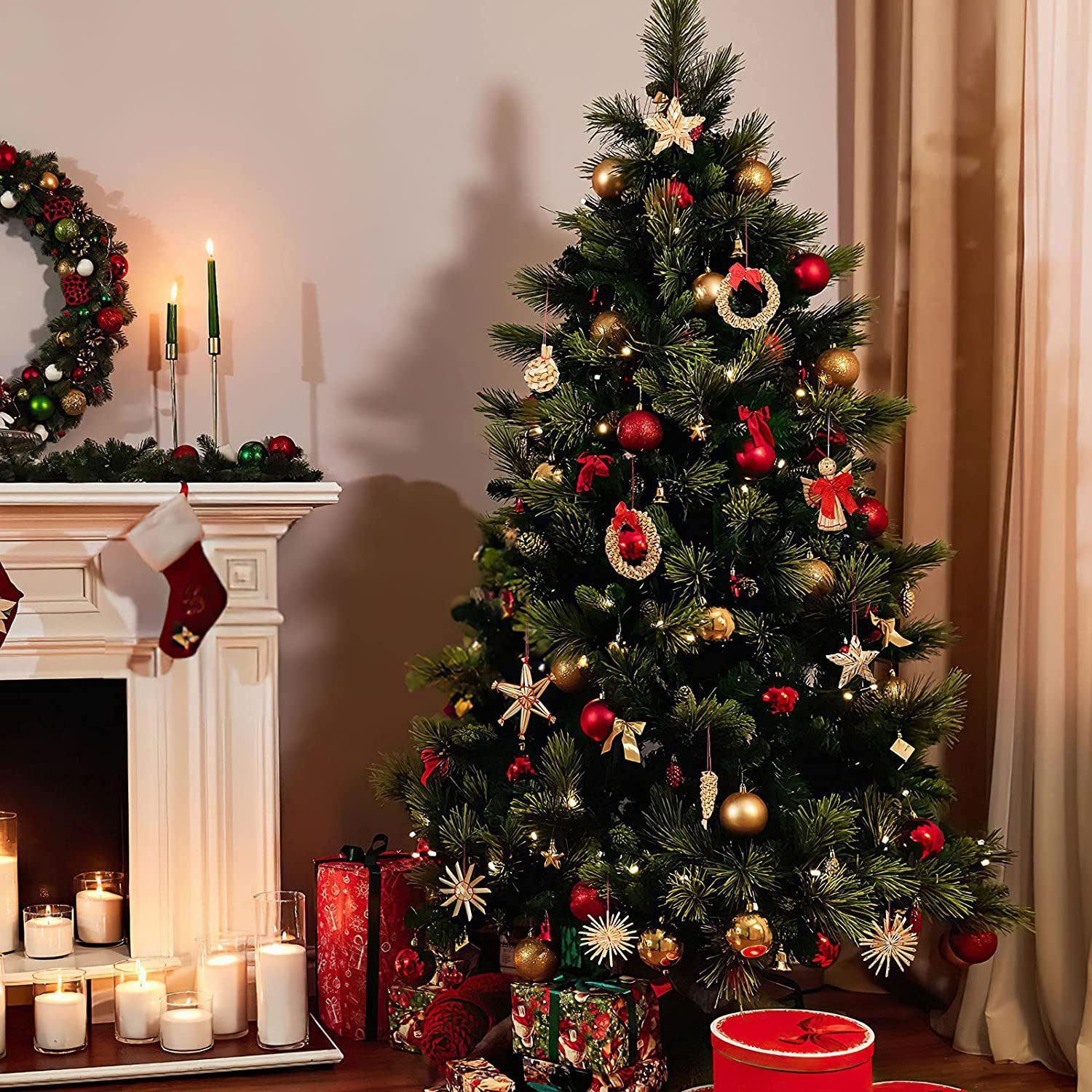 TAN.TOMI Christbaumschmuck Strohsterne Christbaumschmuck,56-teiliges Strohsterne Weihnachtsbaumschmuck aus Stroh, Natürlicher Christbaum-Behang, bis zu 6,5 cm große Sterne Herzen Engel, Natürlicher Umweltschutz, handgefertigt