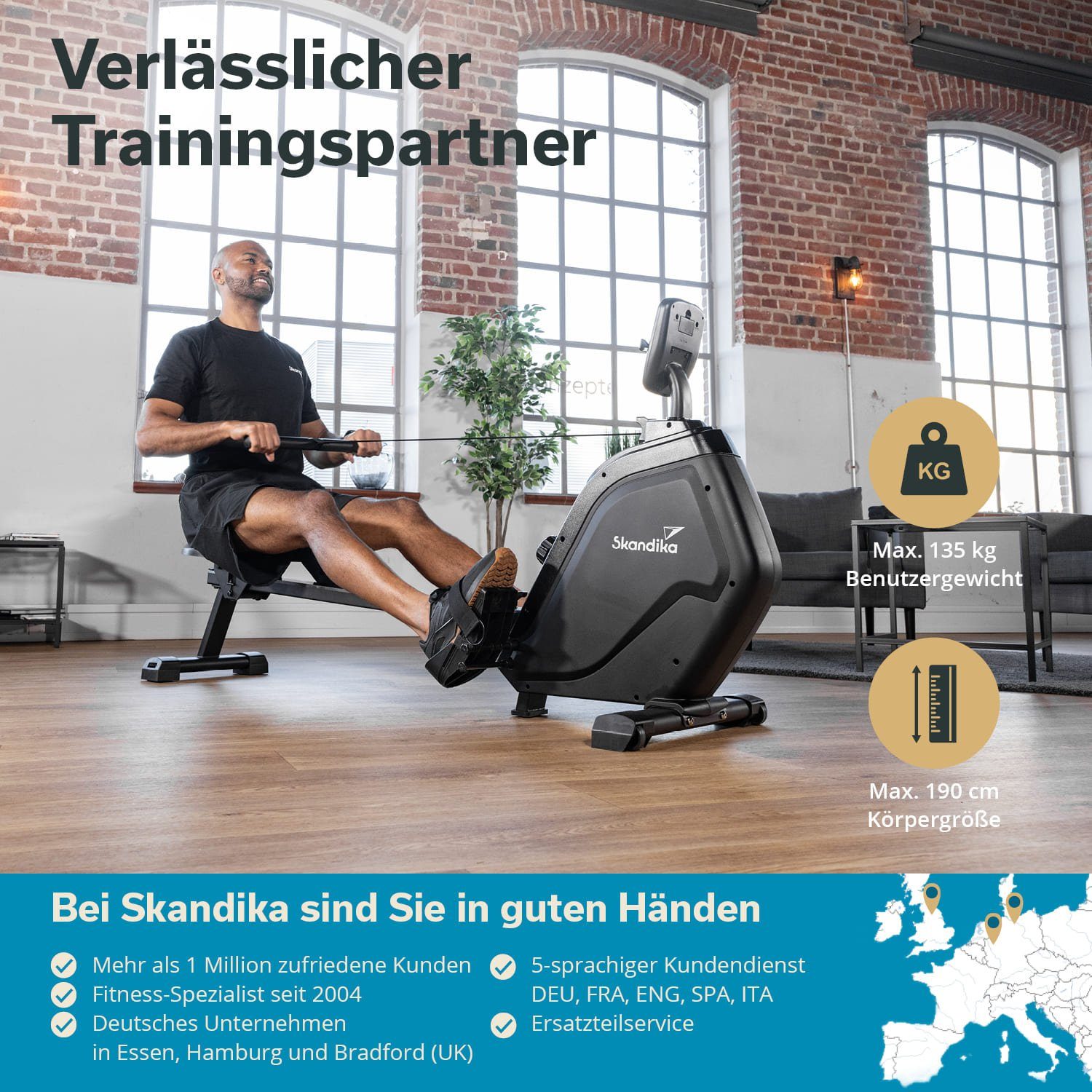 Skandika Rudergerät Munin, klappbar, 16-stufiger Magnetwiderstand, 8 kg Schwungmassensystem