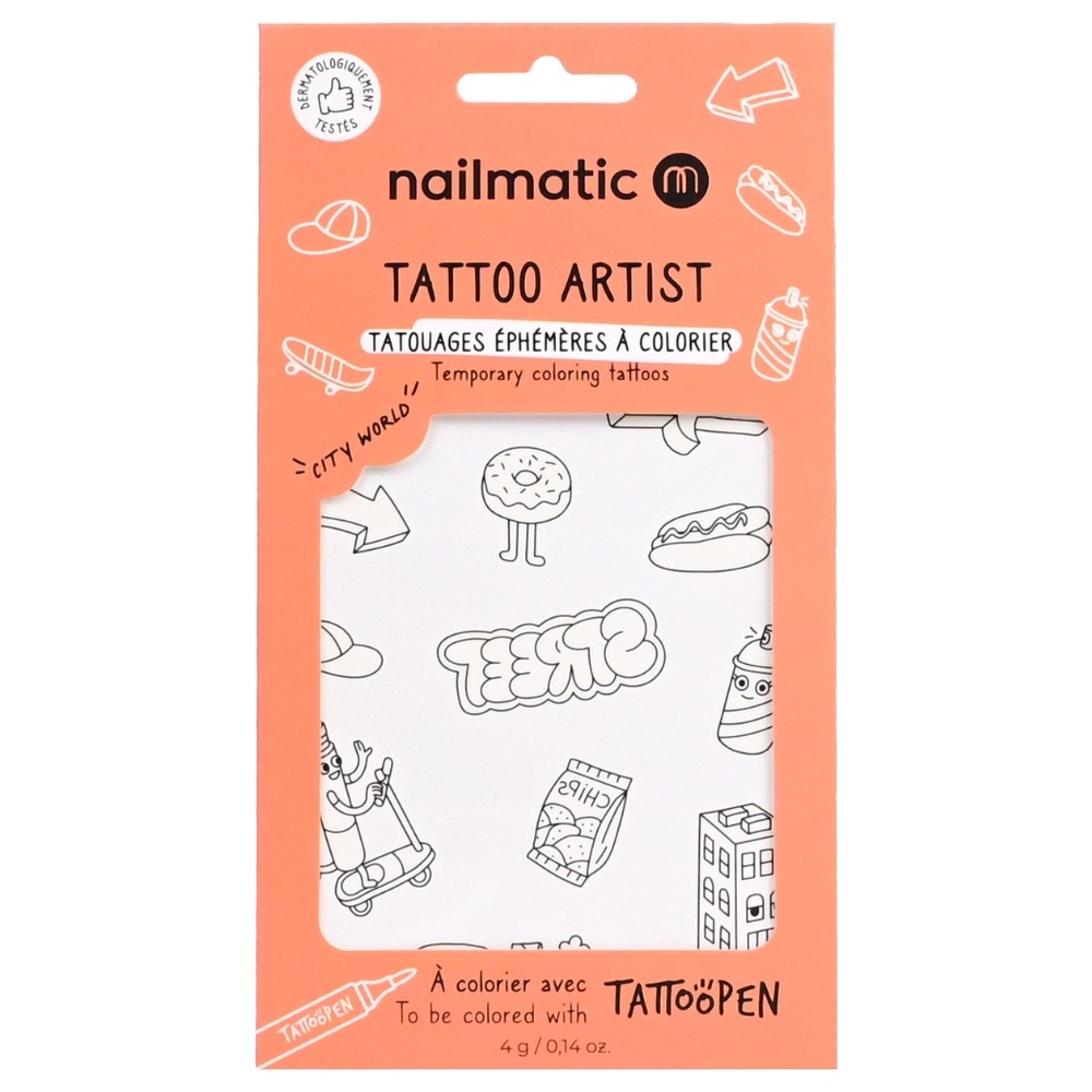 nailmatic Planche de tatouage à colorier City World Tatouages éphémères à colorier