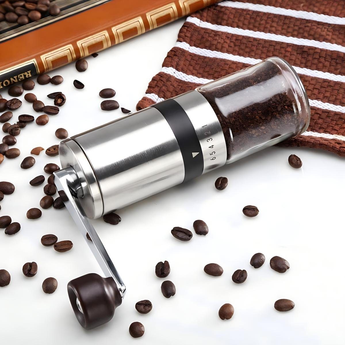 HYIEAR Kaffeemühle Manuelle, 6 Verstellbarer Mahlgrad, Edelstahl und Glas, Keramikmahlwerk, 15,00 g Bohnenbehälter, inkl. Siebträgeradapter und Reinigungspinsel