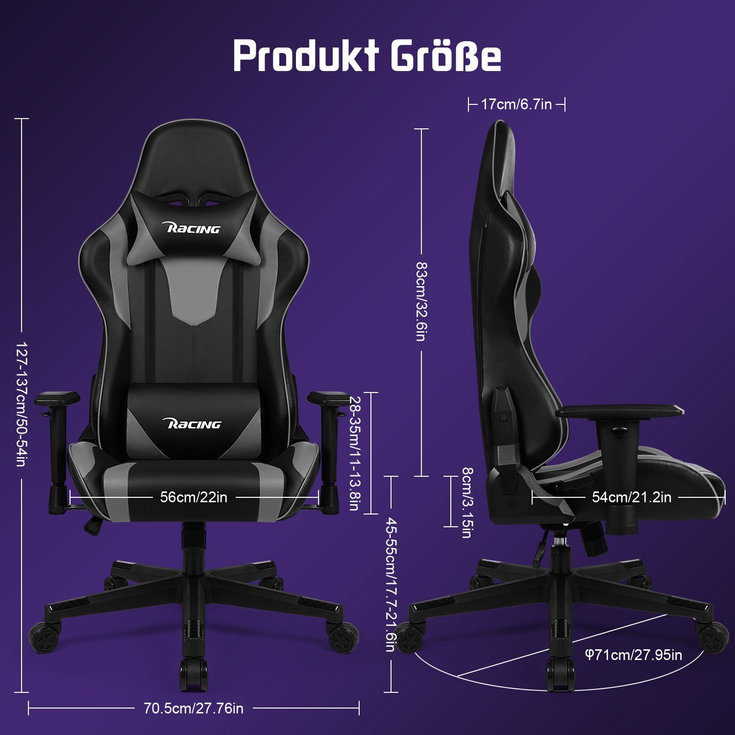 Daynee Gaming-Stuhl Gaming Stuhl,Bürostuhl Ergonomisch mit verstellbare Lendenkissen (Kopfkissen und Armlehnen,Gaming Chair Gepolstert), Gamer Stuhl Wippfunktion, Gaming Stuhl 150 kg Belastbarkeit
