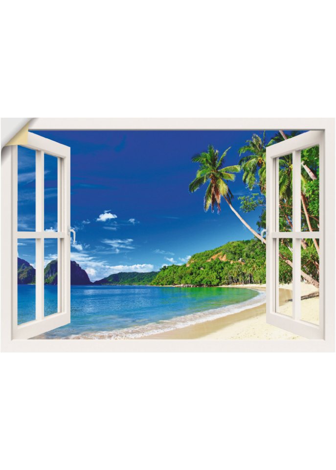 Wandsticker mit Fensterblick auf Palmen und Meer