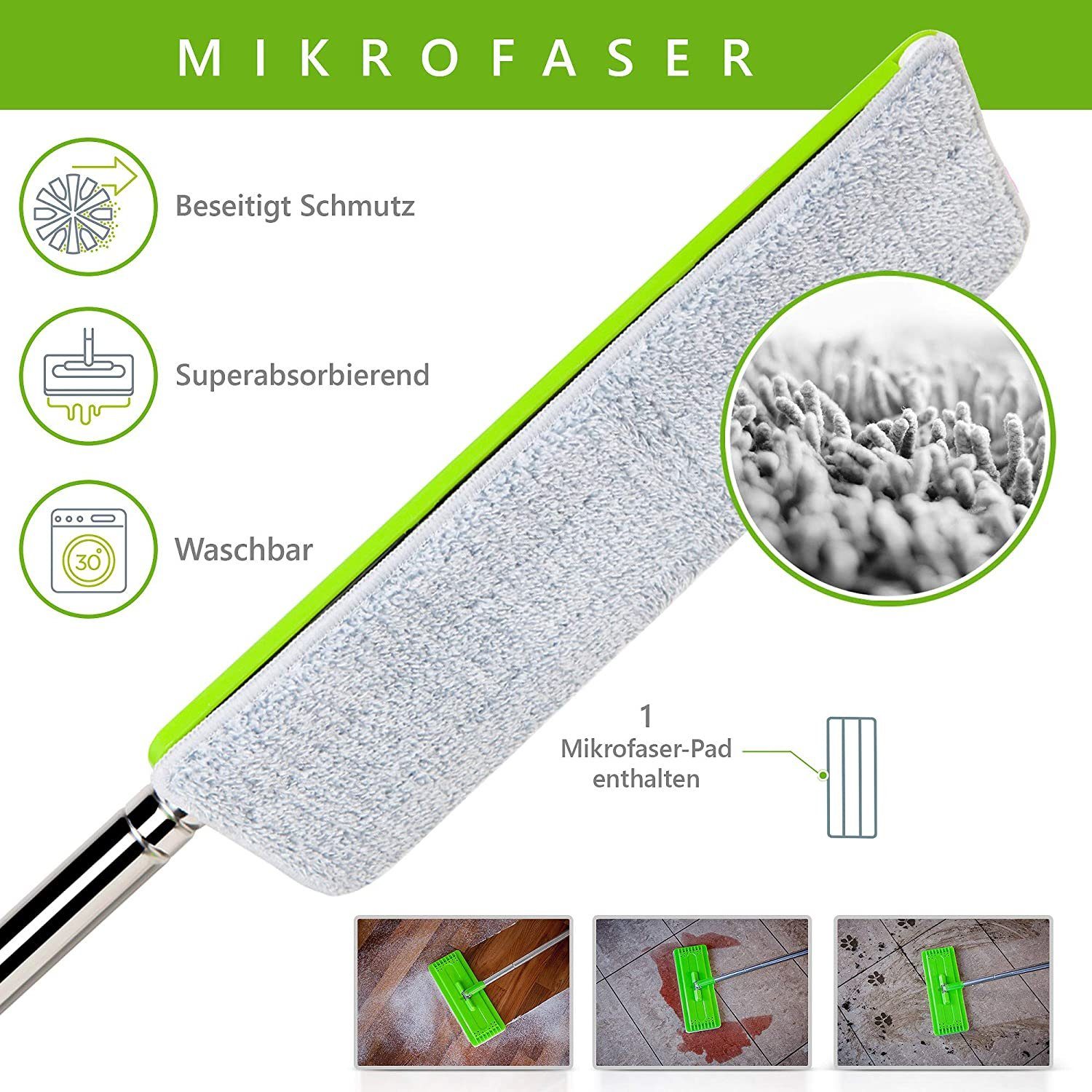 Easy Gleam Wischmopp Bodenwischer Ersatzpad Für Wischmop Mit Putzeimer Geeignet, Erastzpads für Wischmop, Grn 2X