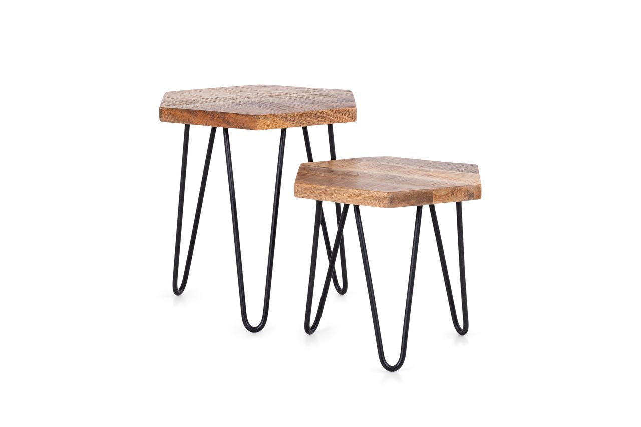 byLiving ELEA Zweisatztisch, Breite 45 cm, Metall schwarz pulverbeschichtet, Mangoholz natur