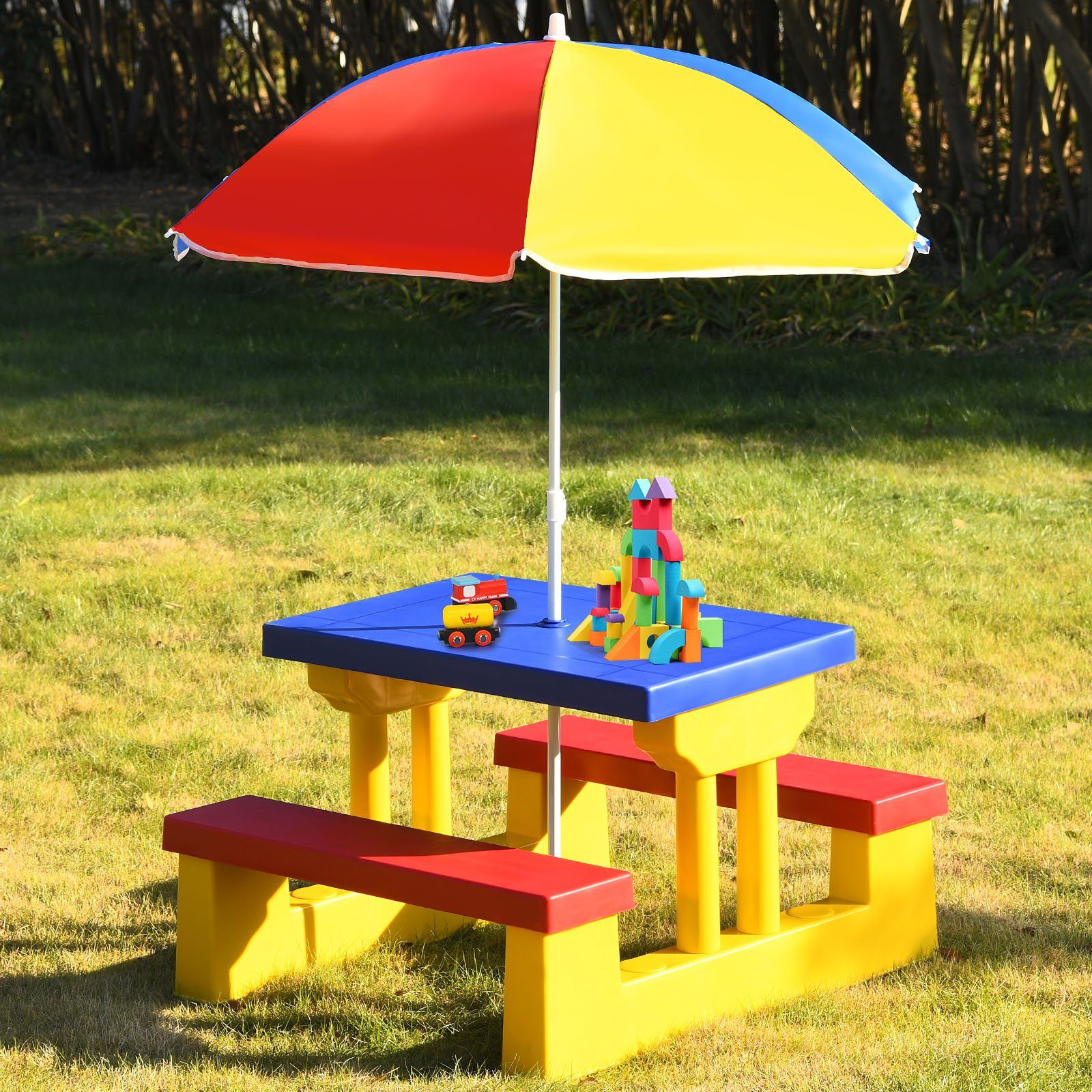COSTWAY Kindersitzgruppe Sitzgarnitur, Kindertisch, mit Sonnenschirm