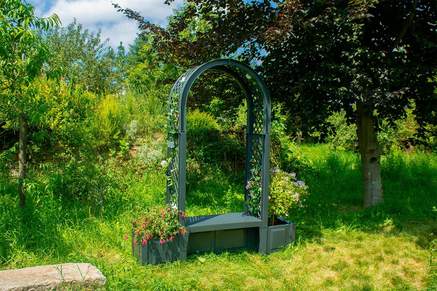 KHW Gartenbank Brüssel, mit Rosenbogen und zwei Pflanzkästen, anthrazit