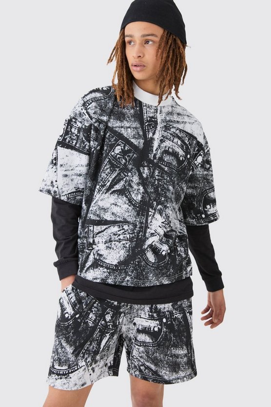 Kastiges Oversize Jeans T-Shirt & Shorts in Waffeloptik