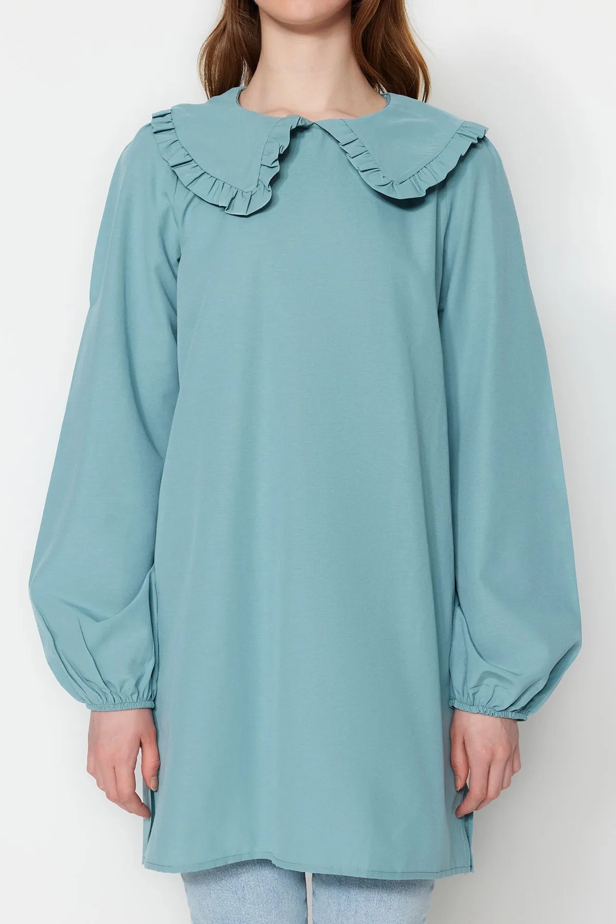 Trendyol Modest  Mintfarbene gewebte Tunika mit Babykragen TCTSS21TN0089