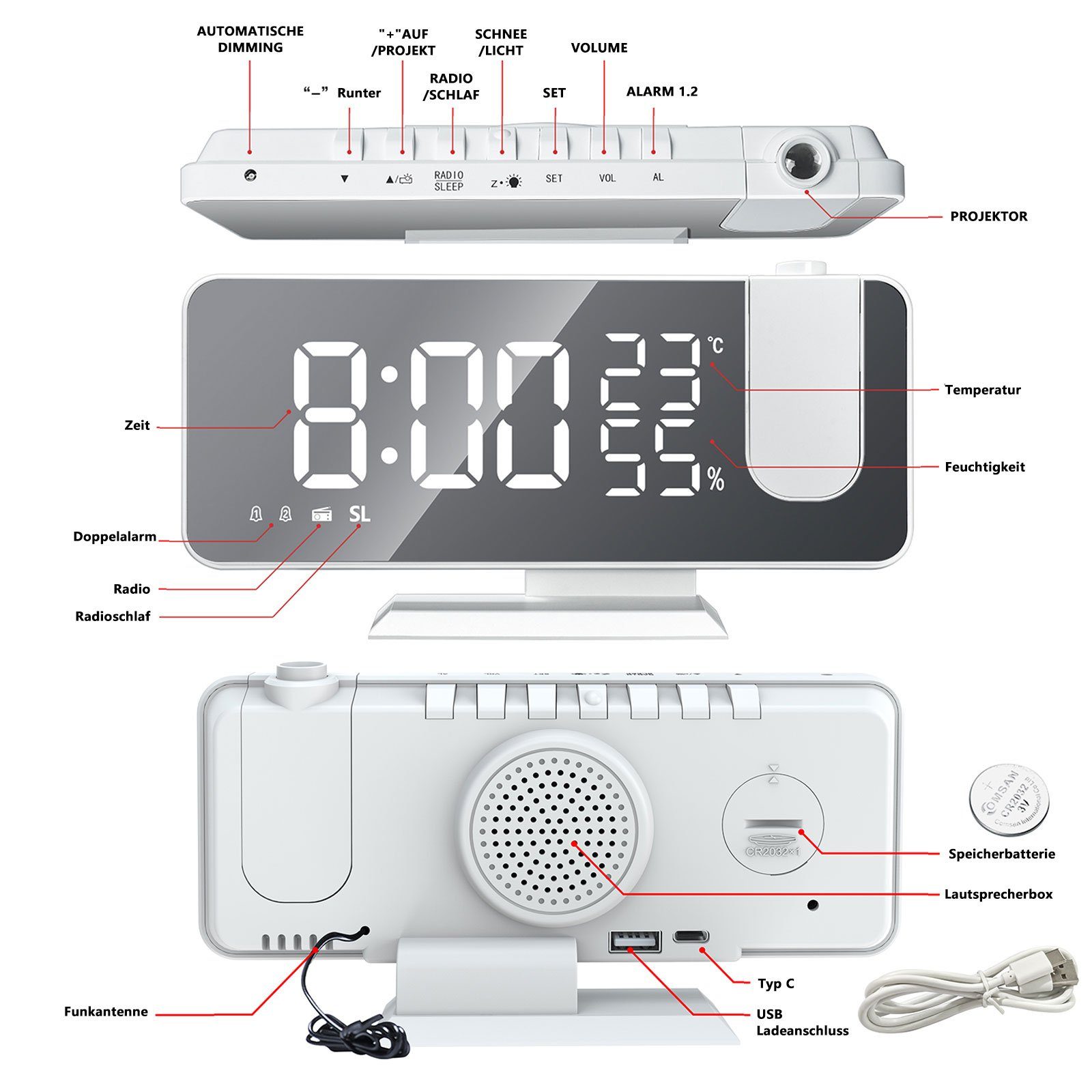 REDOM Projektionswecker Digital Wecker Radiowecker Digitalwecker Projektion LED Alarm Radio ohne Akku Projektion 180 ° Dual-Alarm Temperatur 12/24H USB-Anschluss