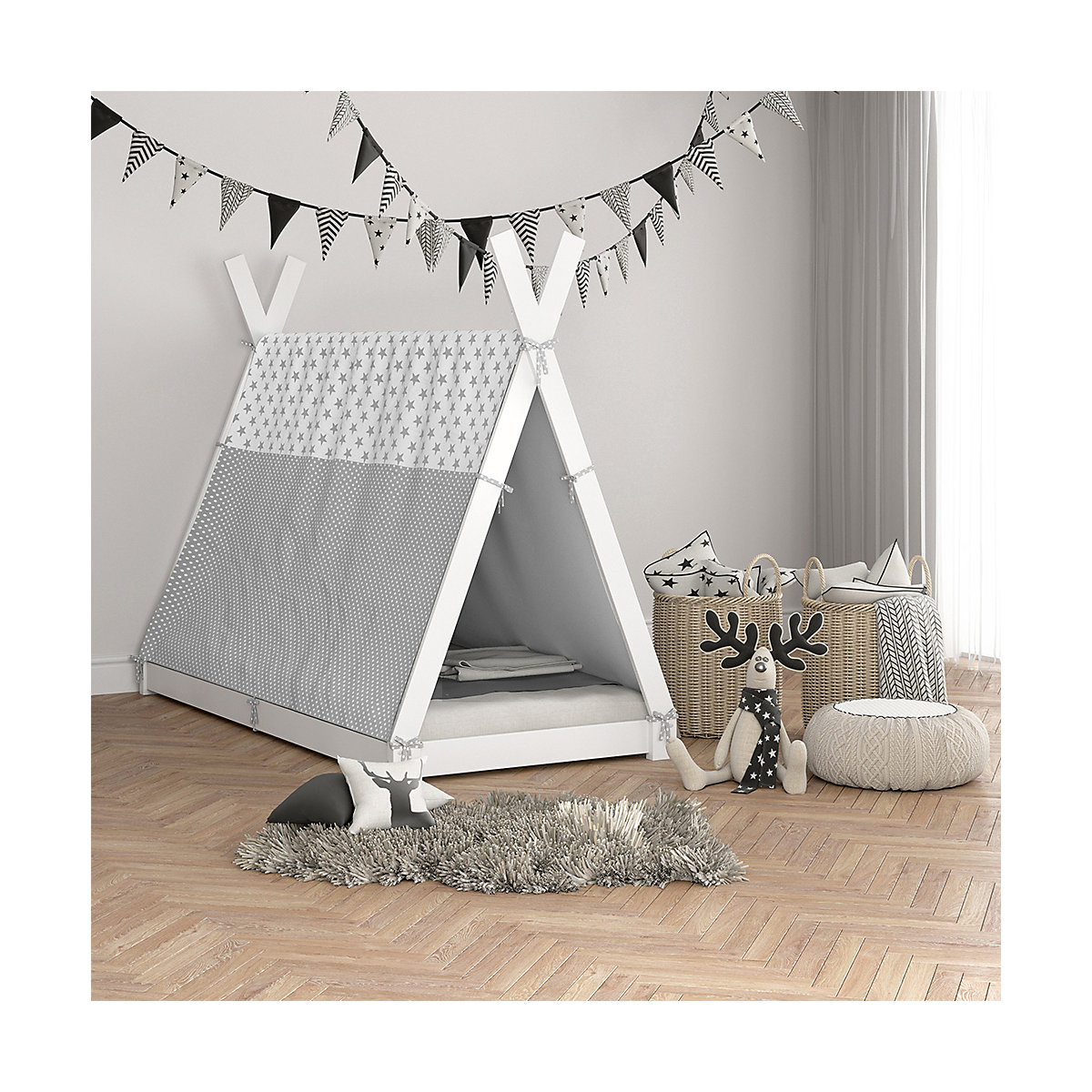Kinderbett Hausbett Tipi + Überwurf 90x200cm Indianerzelt Indianerbett