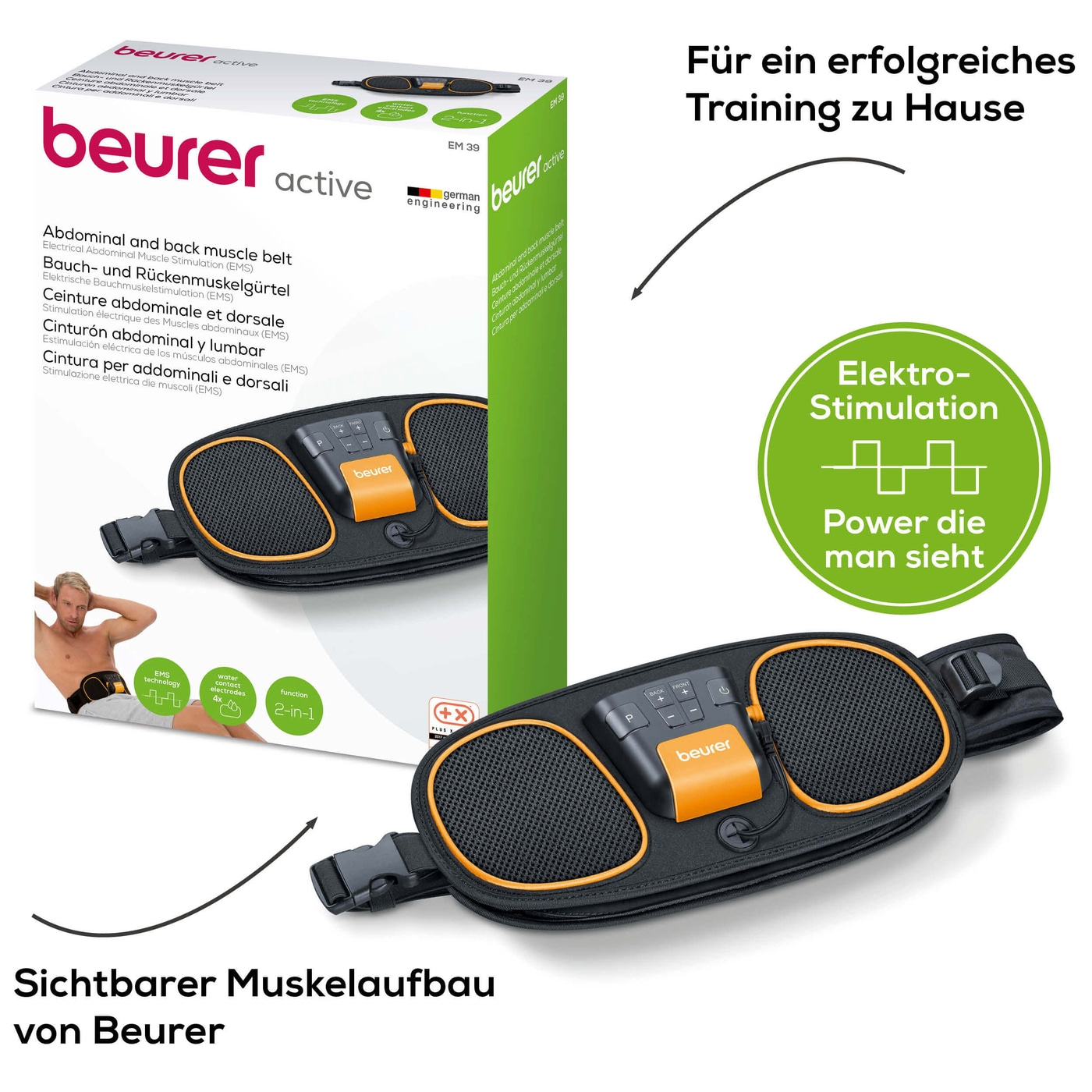 Beurer Bauch- und Rückenmuskelgürtel EM 39 2-in-1-EMS-Gürtel für zentrale Bauchmuskeln & untere Rückenmuskulatur