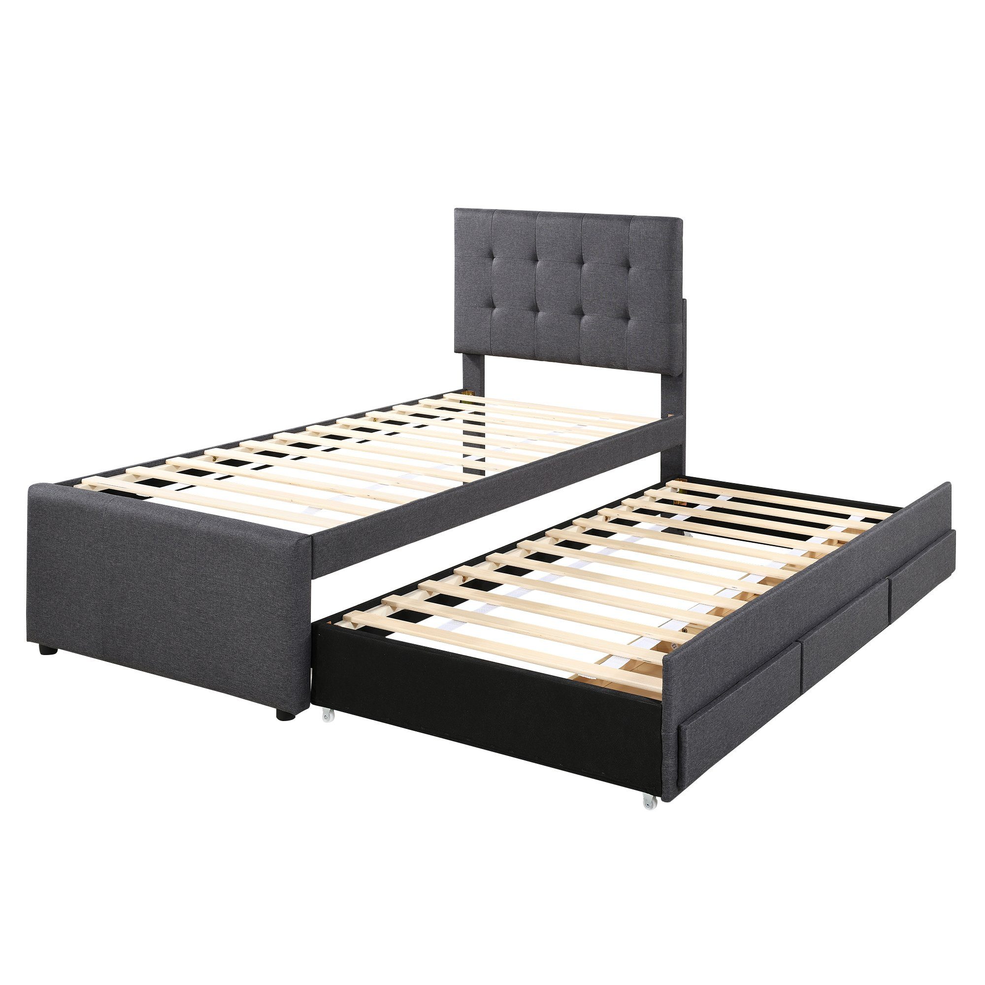 Ulife Polsterbett Doppelbett ausziehbares Bett Familienbett, Verstellbares Kopfteil, mit drei Schubladen, 90 x 200 cm