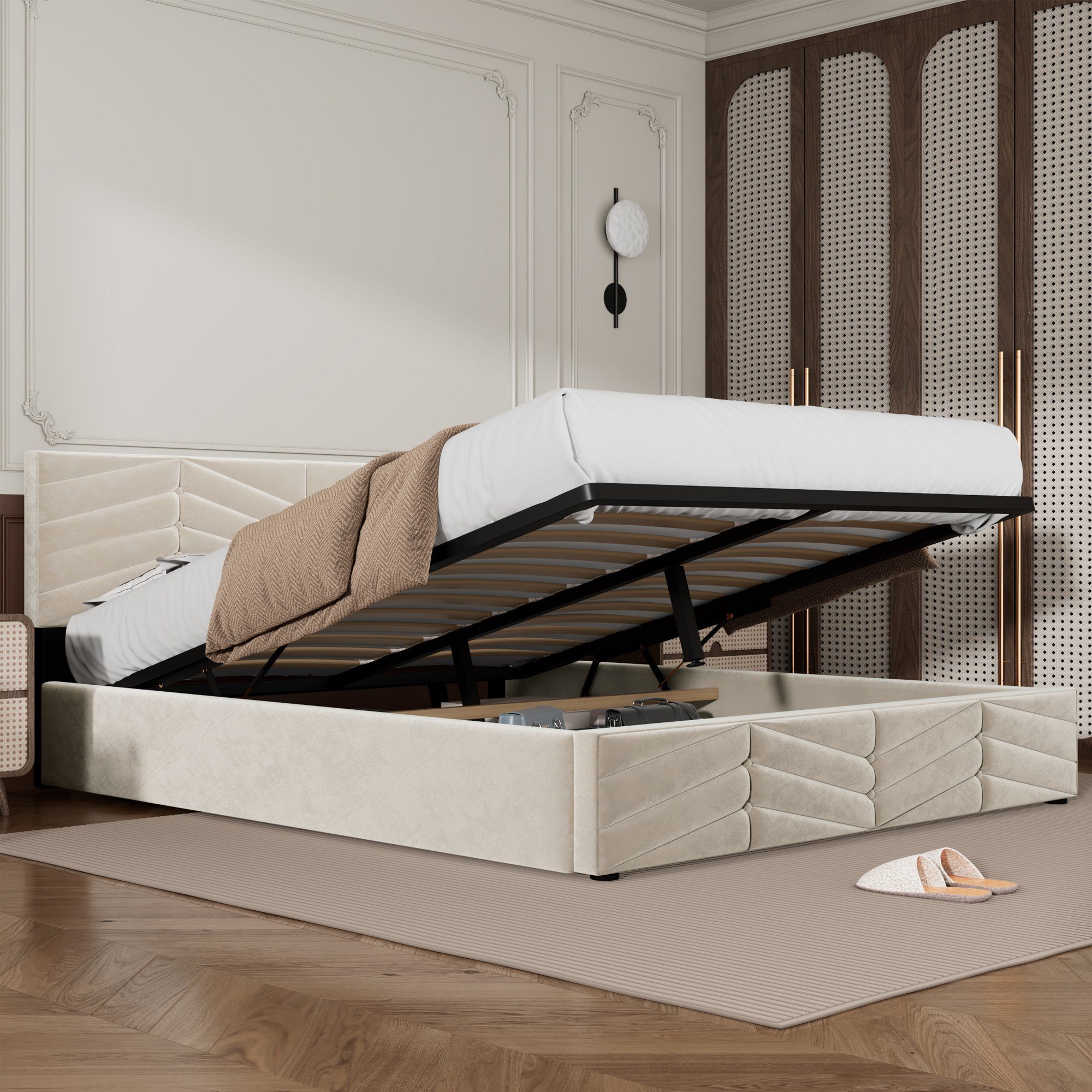 OKWISH Polsterbett Doppelbett Stauraumbett (140 x 200,Weiß mit Lattenrost ohne Matratze), Continentalbett,höhenverstellbares Kopfteil Allgemeine Daten