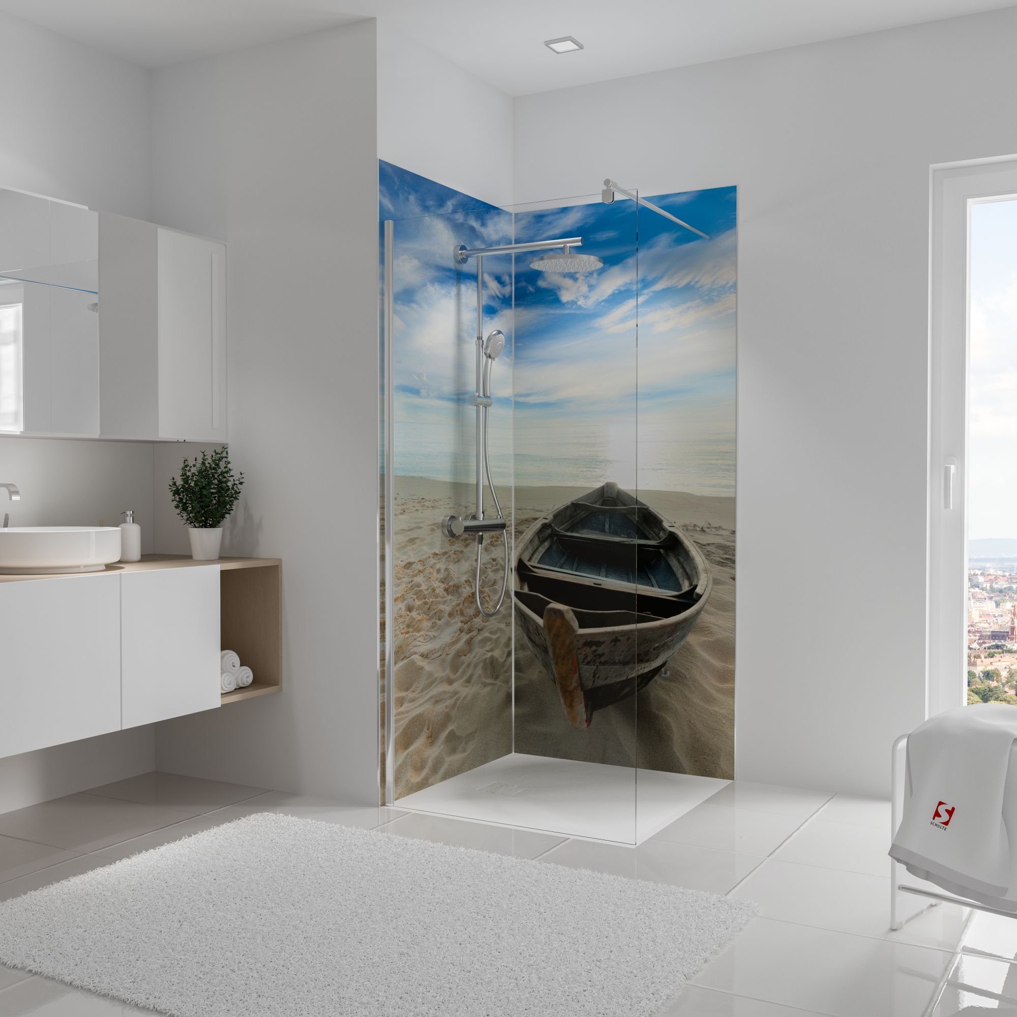Schulte Badrückwand DecoDesign Foto über Eck Ruderboot am Strand, (Set, 2-tlg), Wandverkleidung, fugenloser Fliesenersatz, Duschrückwand