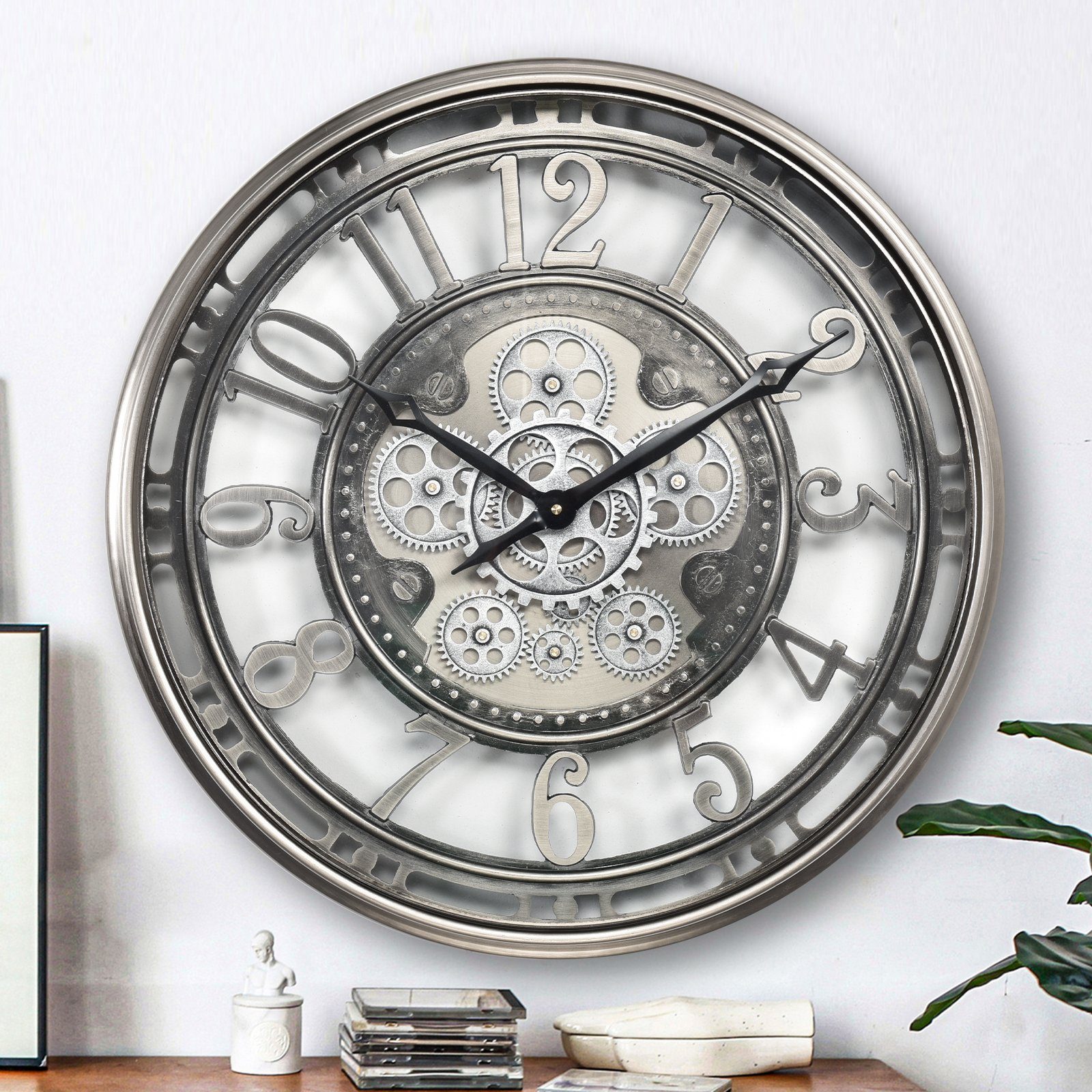 Samilito Wanduhr 53,3 cm mit echtem Bewegungsgetriebe Zahnrädern Silber