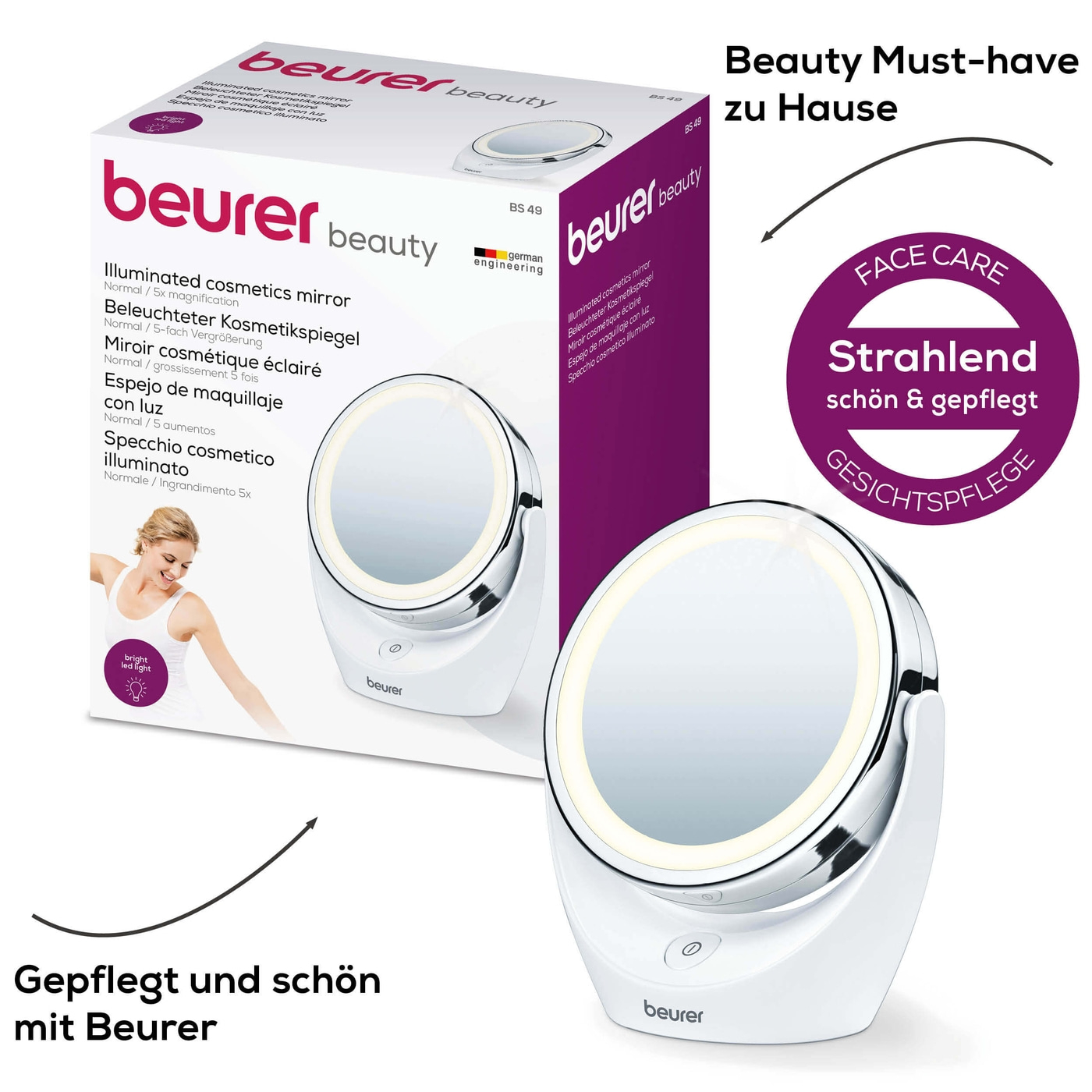 Beleuchteter Kosmetikspiegel BS 49-Kompakter beleuchteter Standspiegel mit 5-fach Zoom